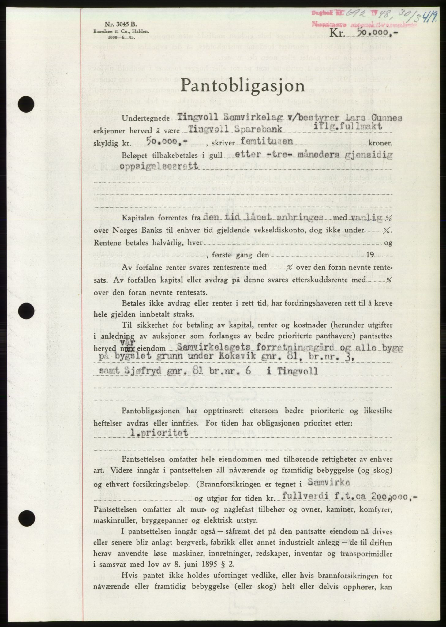 Nordmøre sorenskriveri, AV/SAT-A-4132/1/2/2Ca: Mortgage book no. B98, 1948-1948, Diary no: : 692/1948