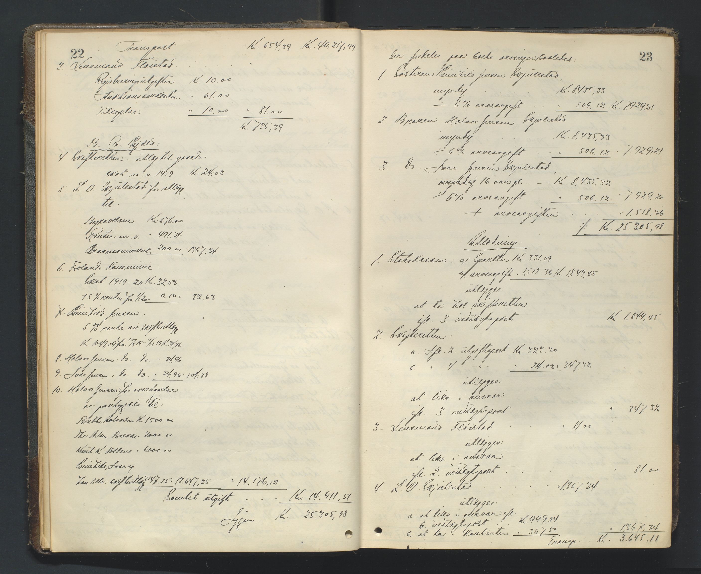 Nedenes sorenskriveri, AV/SAK-1221-0006/H/Hc/L0022: Skifteutlodningsprotokoll nr 8, 1919-1926, p. 22-23