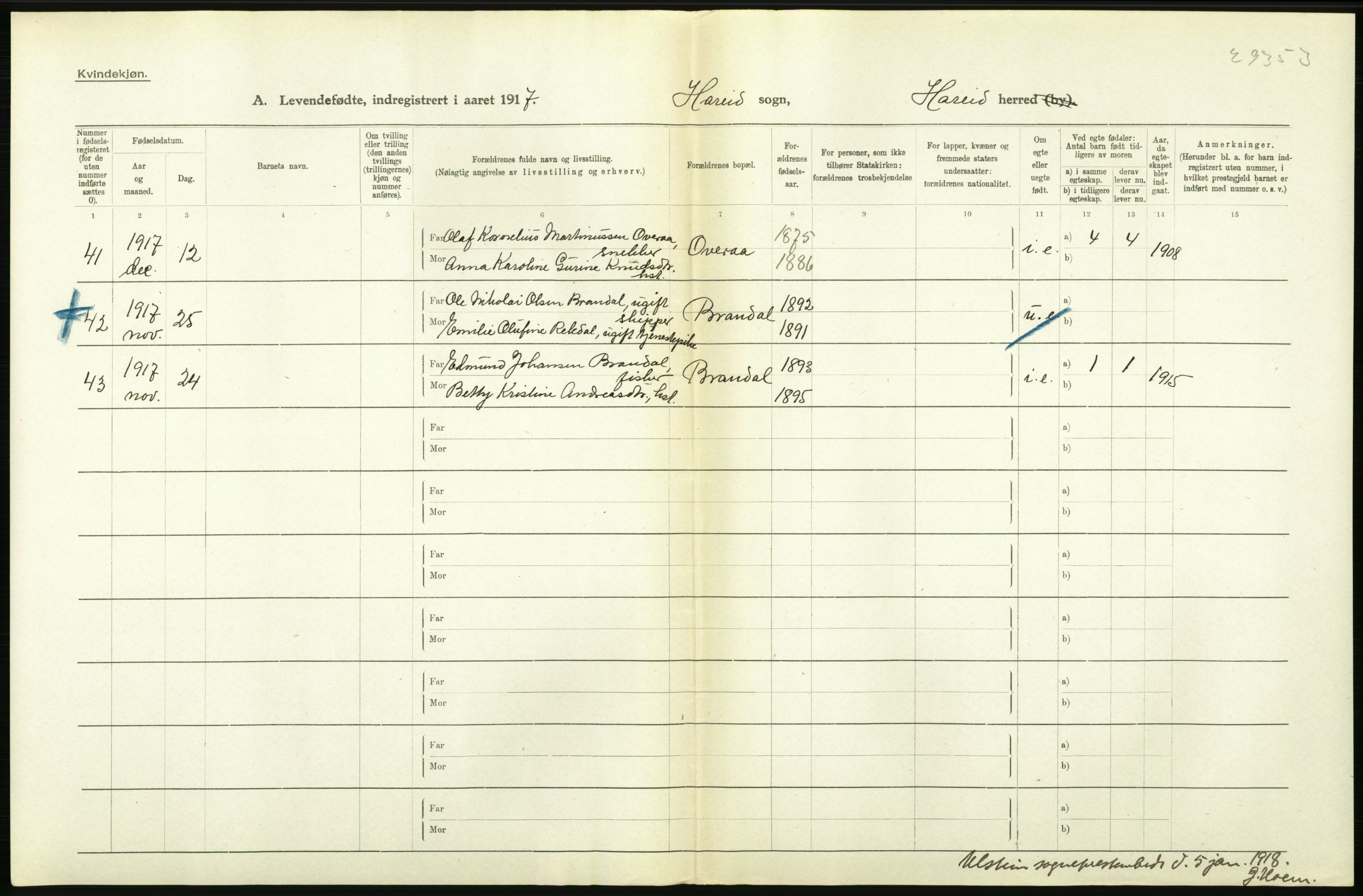 Statistisk sentralbyrå, Sosiodemografiske emner, Befolkning, AV/RA-S-2228/D/Df/Dfb/Dfbg/L0042: Romsdals amt: Levendefødte menn og kvinner. Bygder., 1917, p. 10