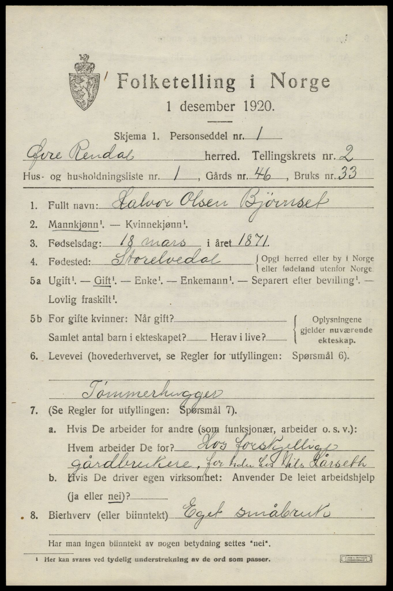 SAH, 1920 census for Øvre Rendal, 1920, p. 931