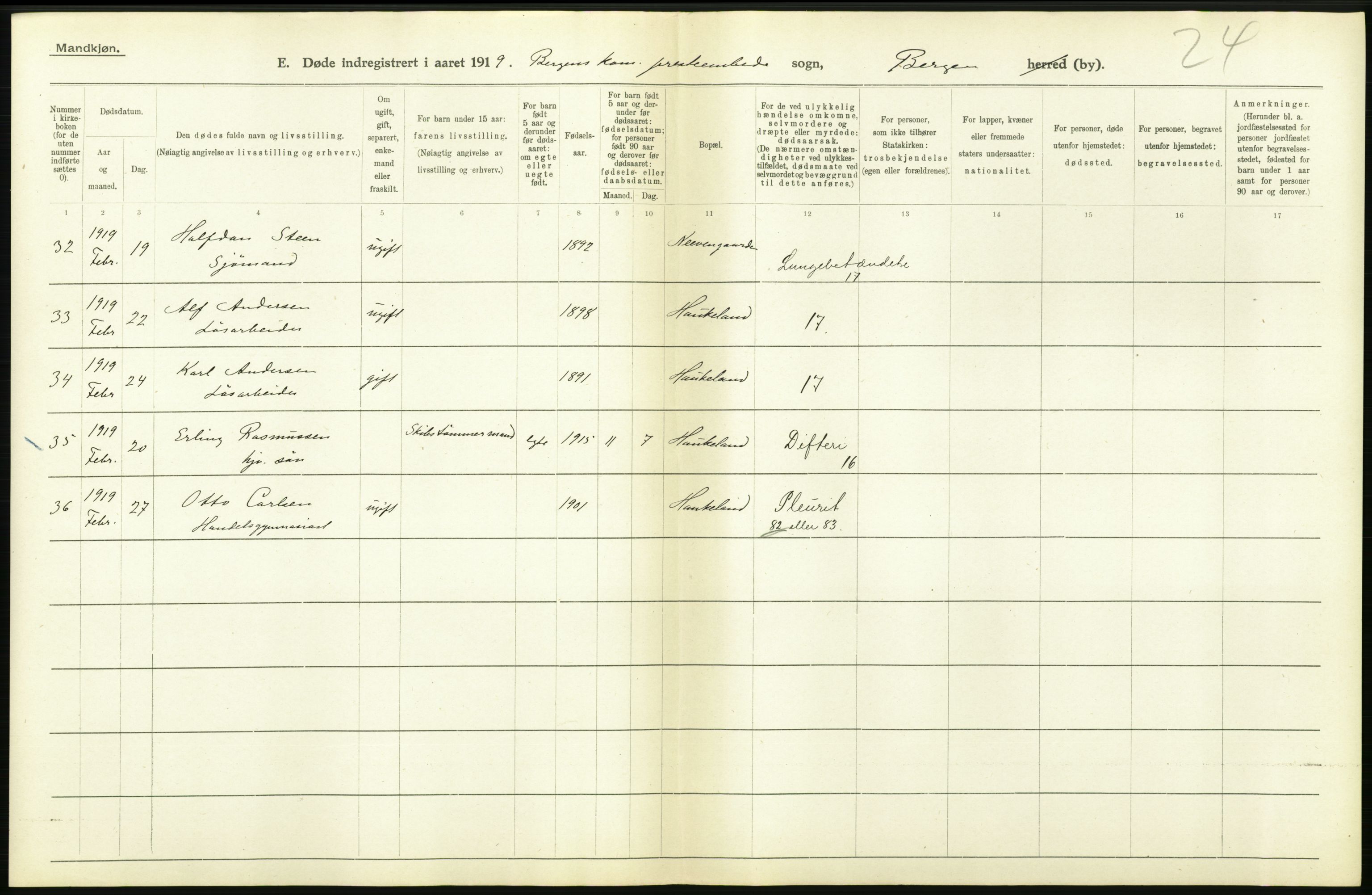 Statistisk sentralbyrå, Sosiodemografiske emner, Befolkning, AV/RA-S-2228/D/Df/Dfb/Dfbi/L0035: Bergen: Gifte, døde, dødfødte., 1919, p. 360