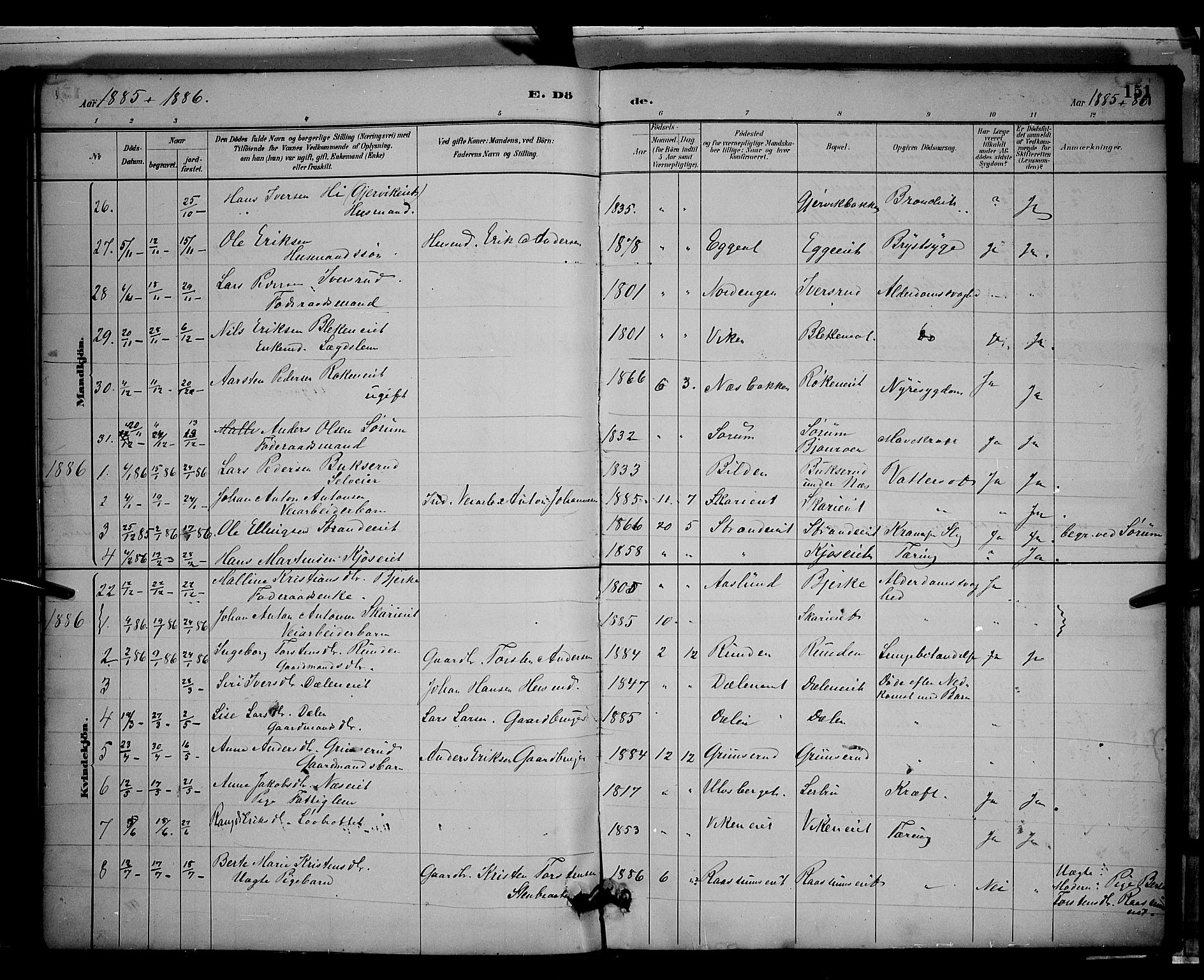 Gran prestekontor, SAH/PREST-112/H/Ha/Hab/L0003: Parish register (copy) no. 3, 1882-1890, p. 151