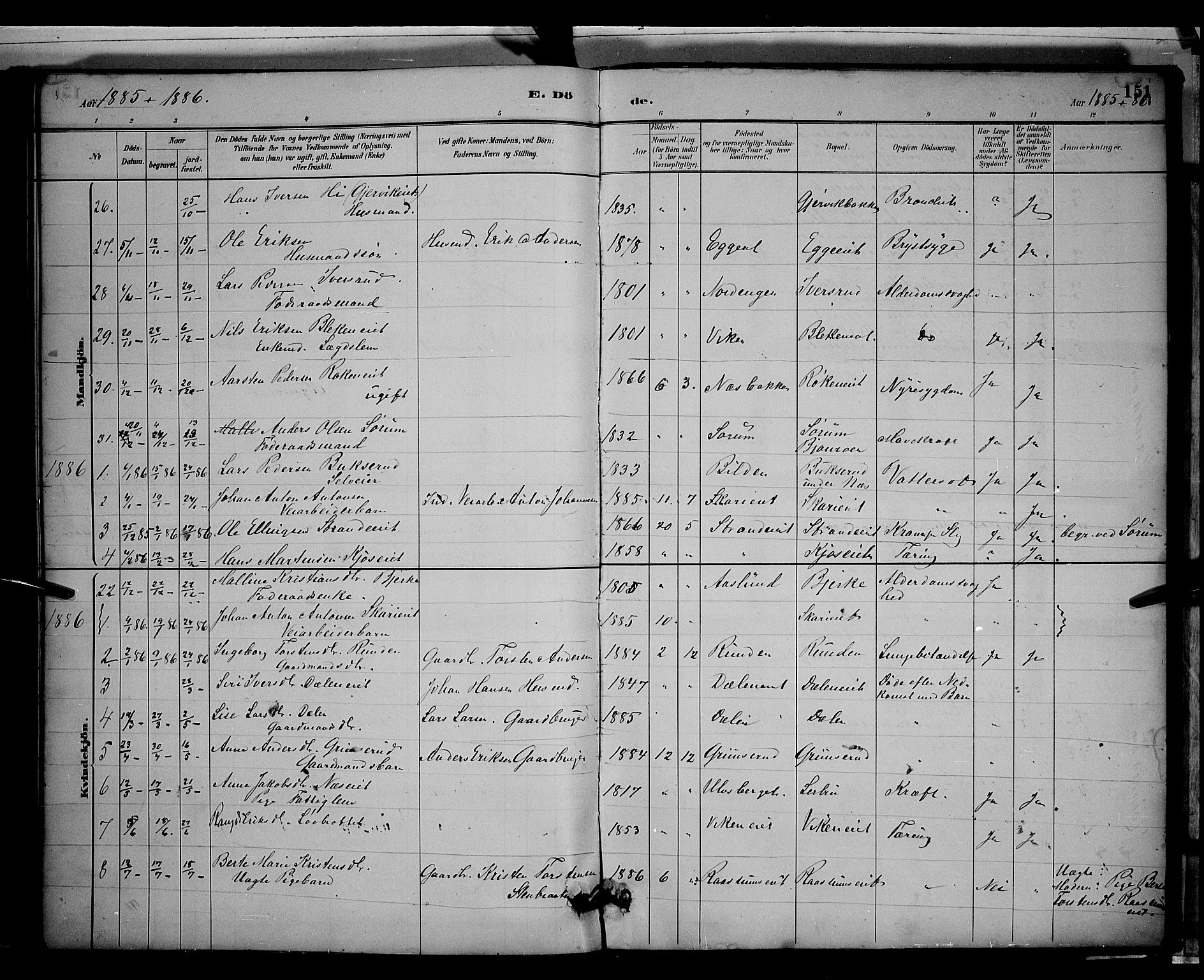 Gran prestekontor, AV/SAH-PREST-112/H/Ha/Hab/L0003: Parish register (copy) no. 3, 1882-1890, p. 151