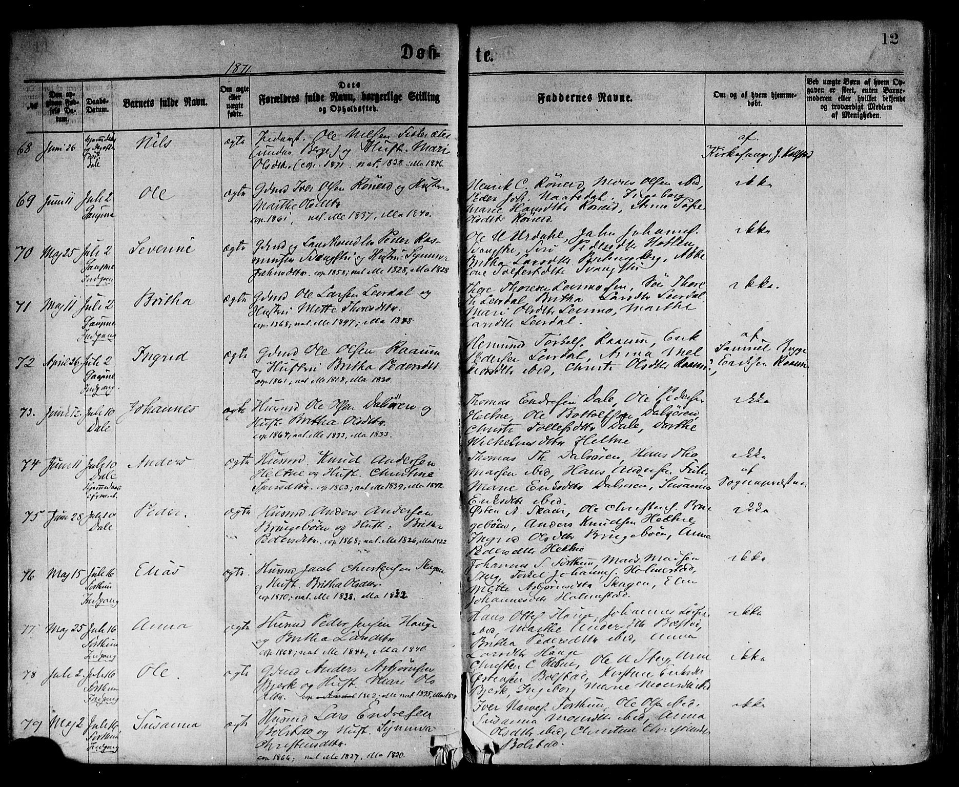 Luster sokneprestembete, AV/SAB-A-81101/H/Haa/Haaa/L0010: Parish register (official) no. A 10, 1871-1886, p. 12