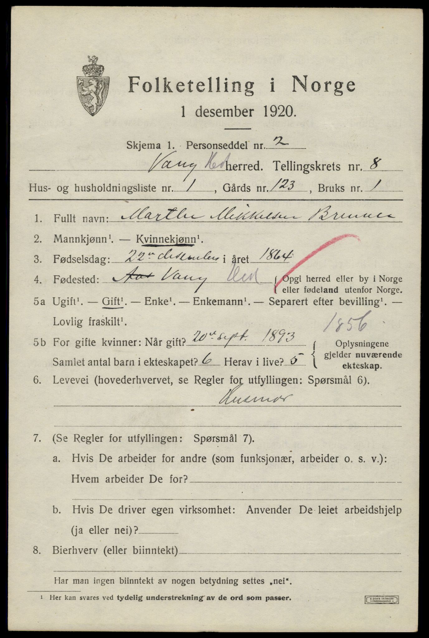 SAH, 1920 census for Vang (Hedmark), 1920, p. 17459