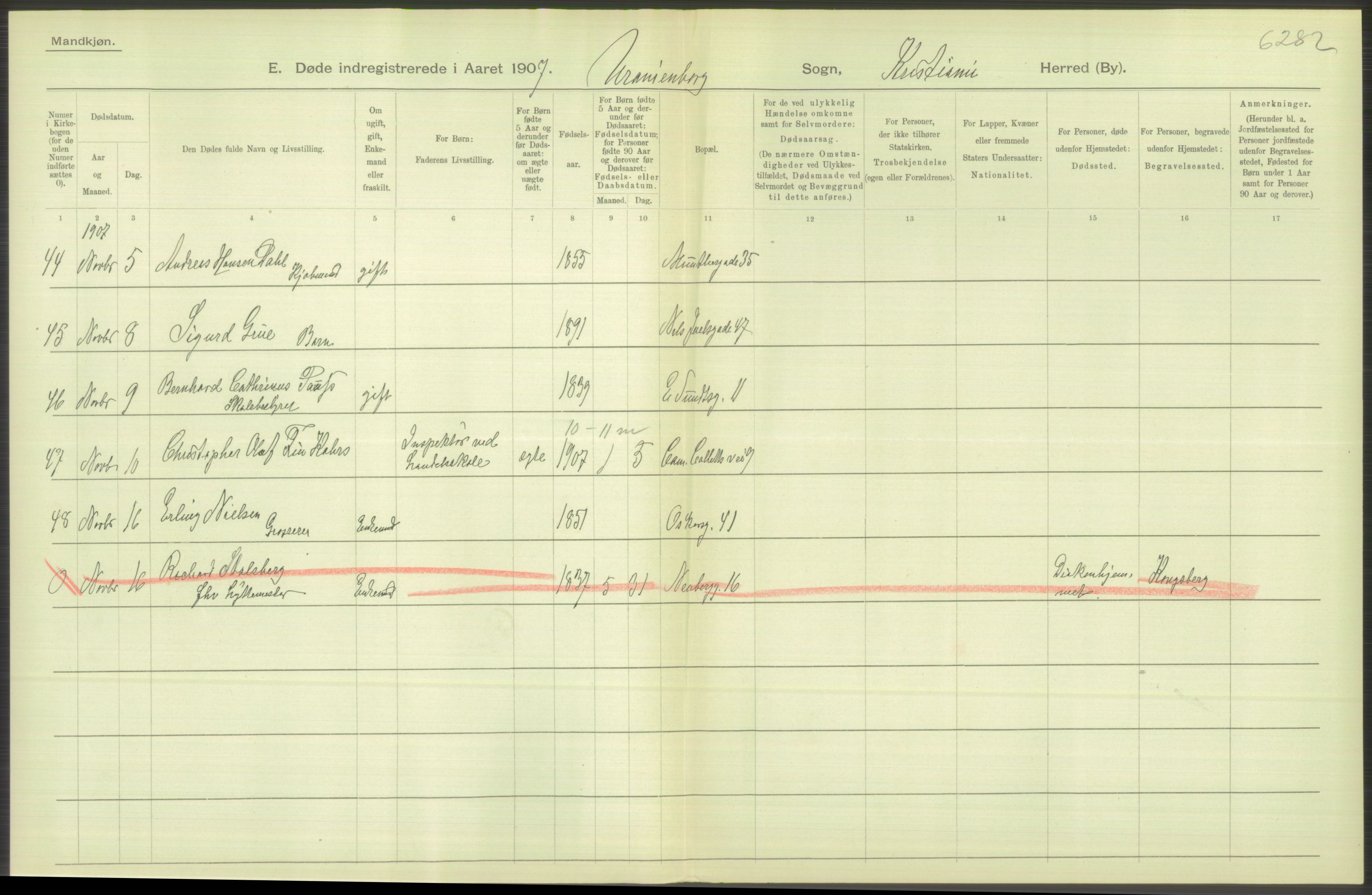 Statistisk sentralbyrå, Sosiodemografiske emner, Befolkning, AV/RA-S-2228/D/Df/Dfa/Dfae/L0010: Kristiania: Døde, dødfødte, 1907, p. 494