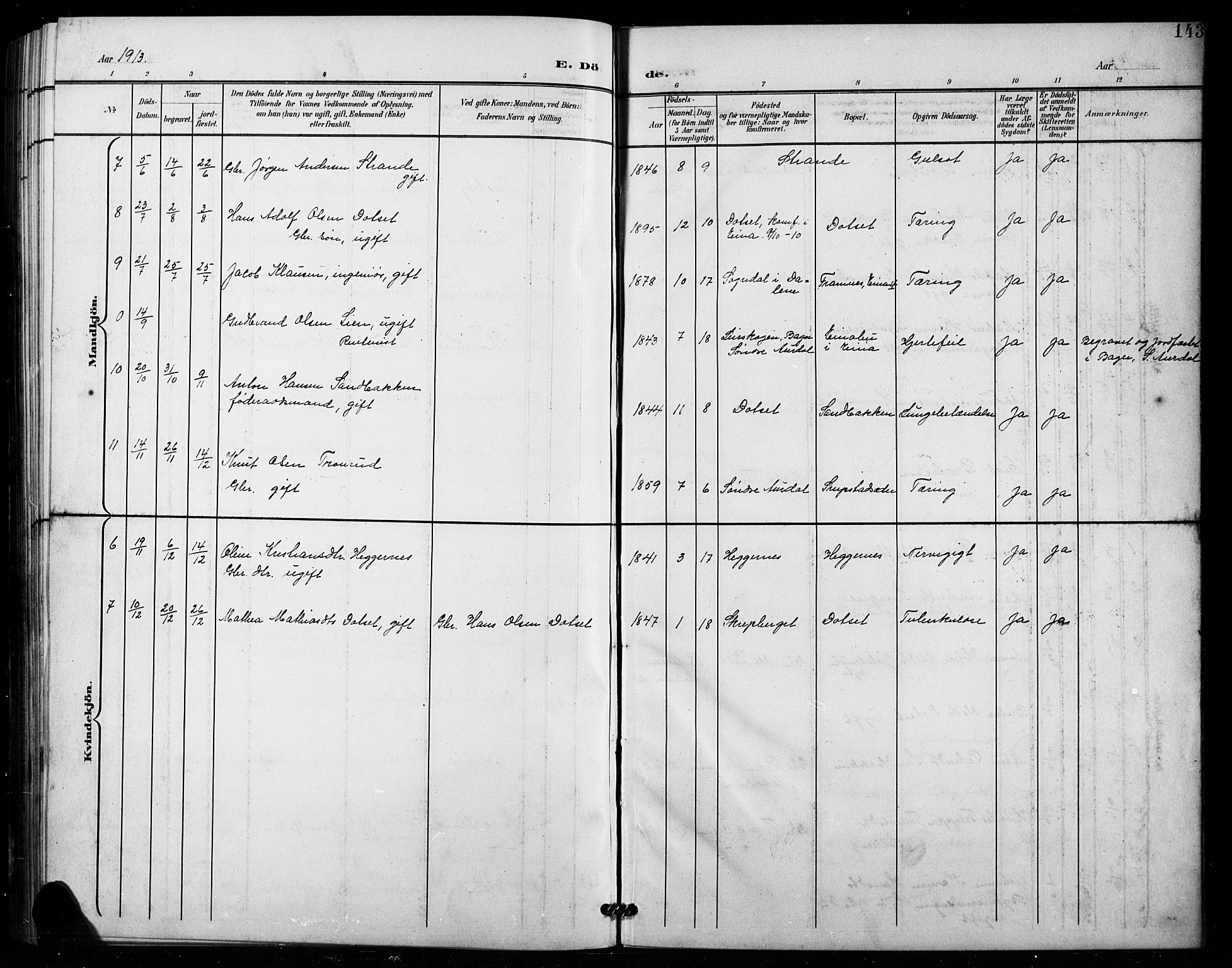 Vestre Toten prestekontor, SAH/PREST-108/H/Ha/Hab/L0016: Parish register (copy) no. 16, 1901-1915, p. 143