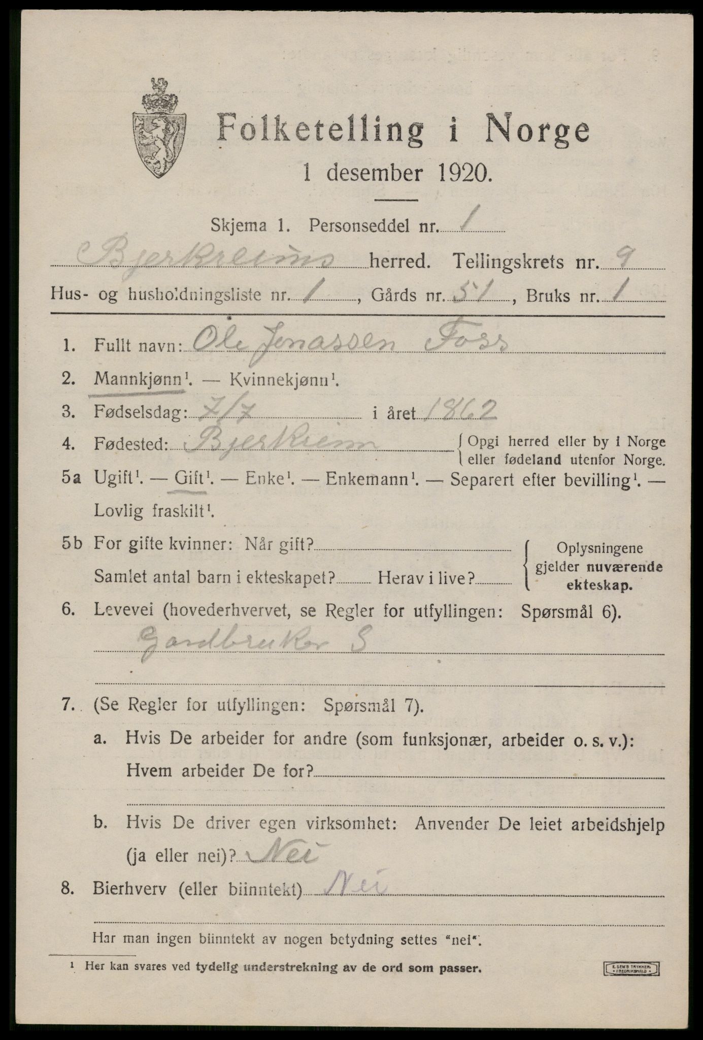 SAST, 1920 census for Bjerkreim, 1920, p. 3058