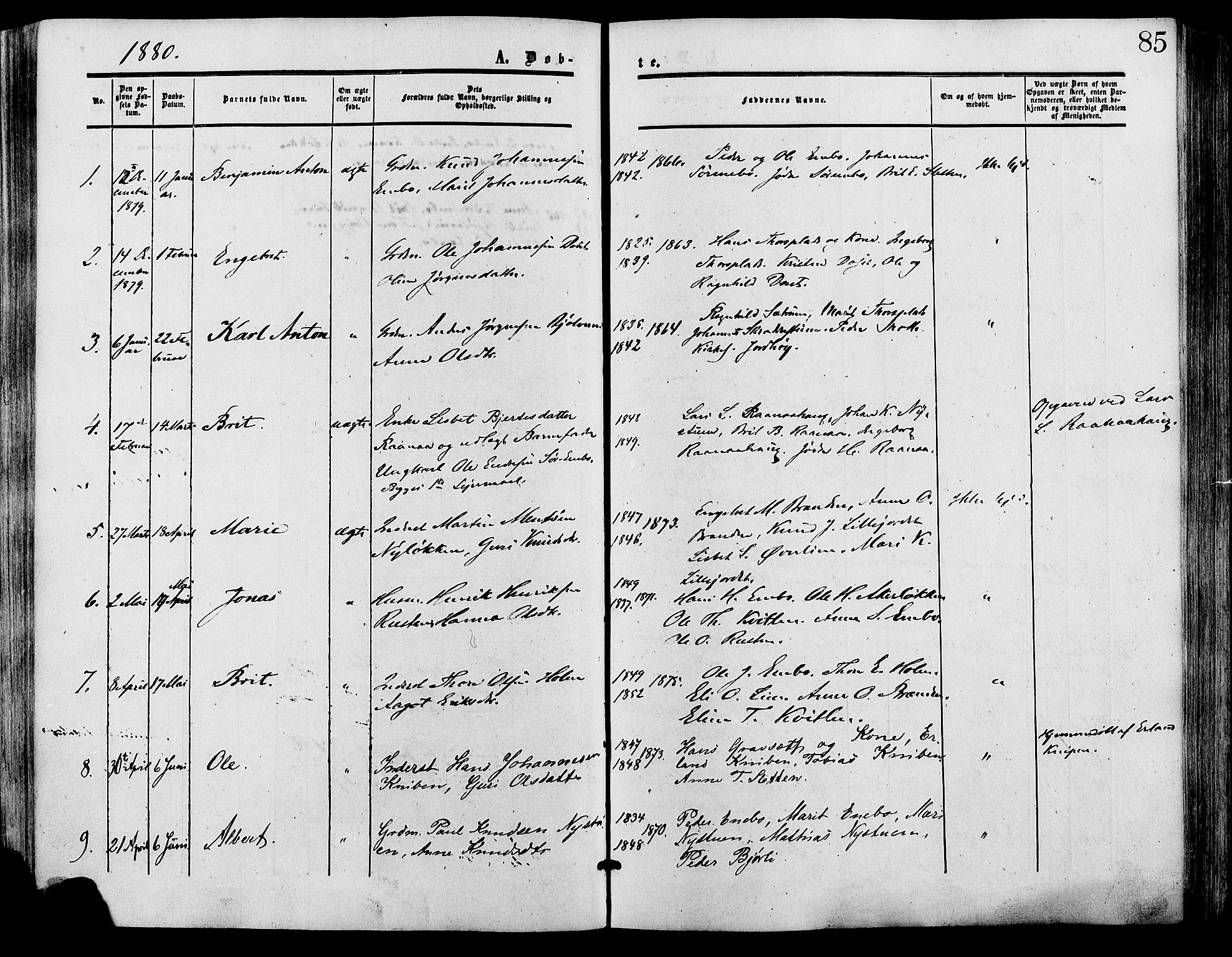 Lesja prestekontor, SAH/PREST-068/H/Ha/Haa/L0009: Parish register (official) no. 9, 1854-1889, p. 85