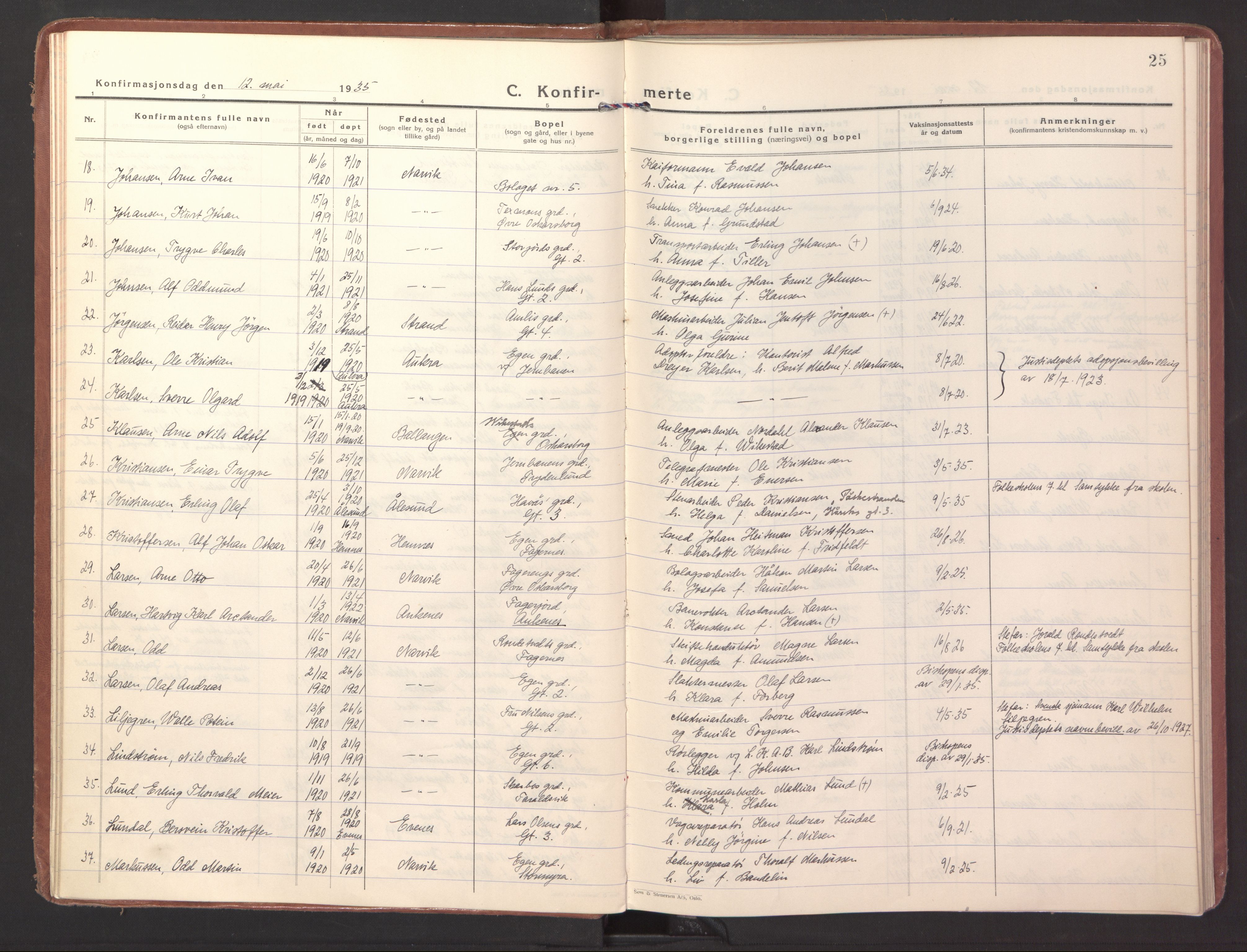 Ministerialprotokoller, klokkerbøker og fødselsregistre - Nordland, SAT/A-1459/871/L1007: Parish register (official) no. 871A23, 1932-1942, p. 25