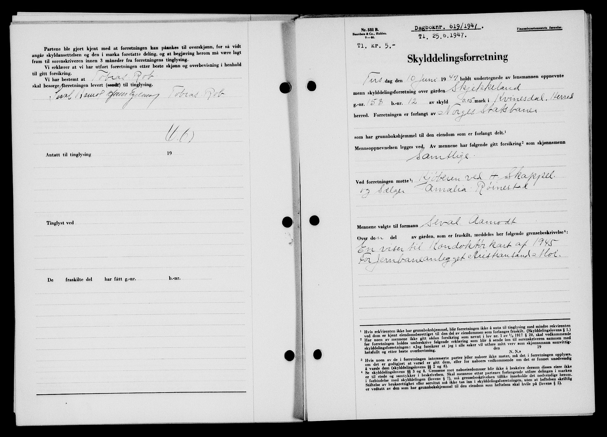 Flekkefjord sorenskriveri, SAK/1221-0001/G/Gb/Gba/L0062: Mortgage book no. A-10, 1947-1947, Diary no: : 619/1947