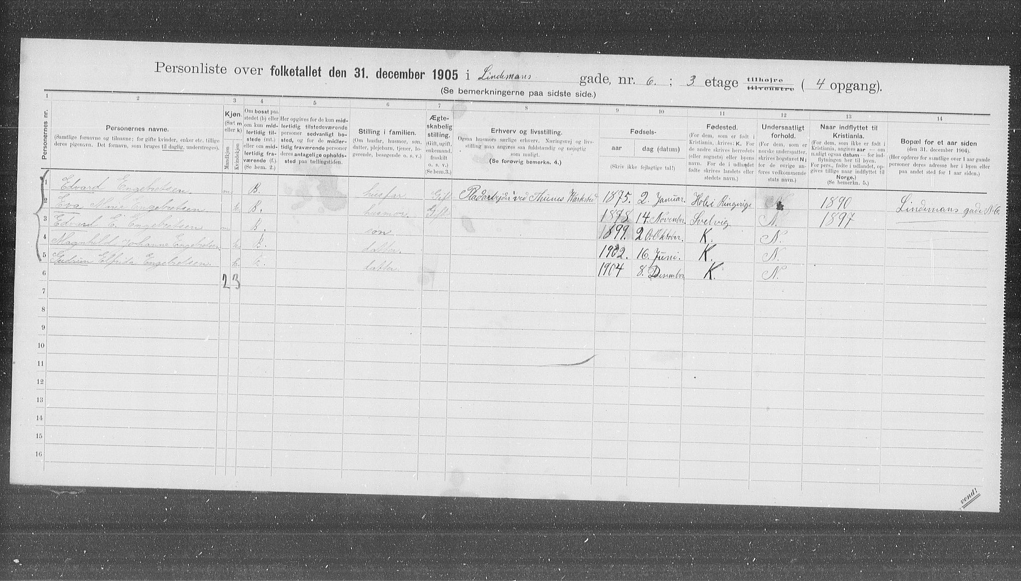 OBA, Municipal Census 1905 for Kristiania, 1905, p. 30311