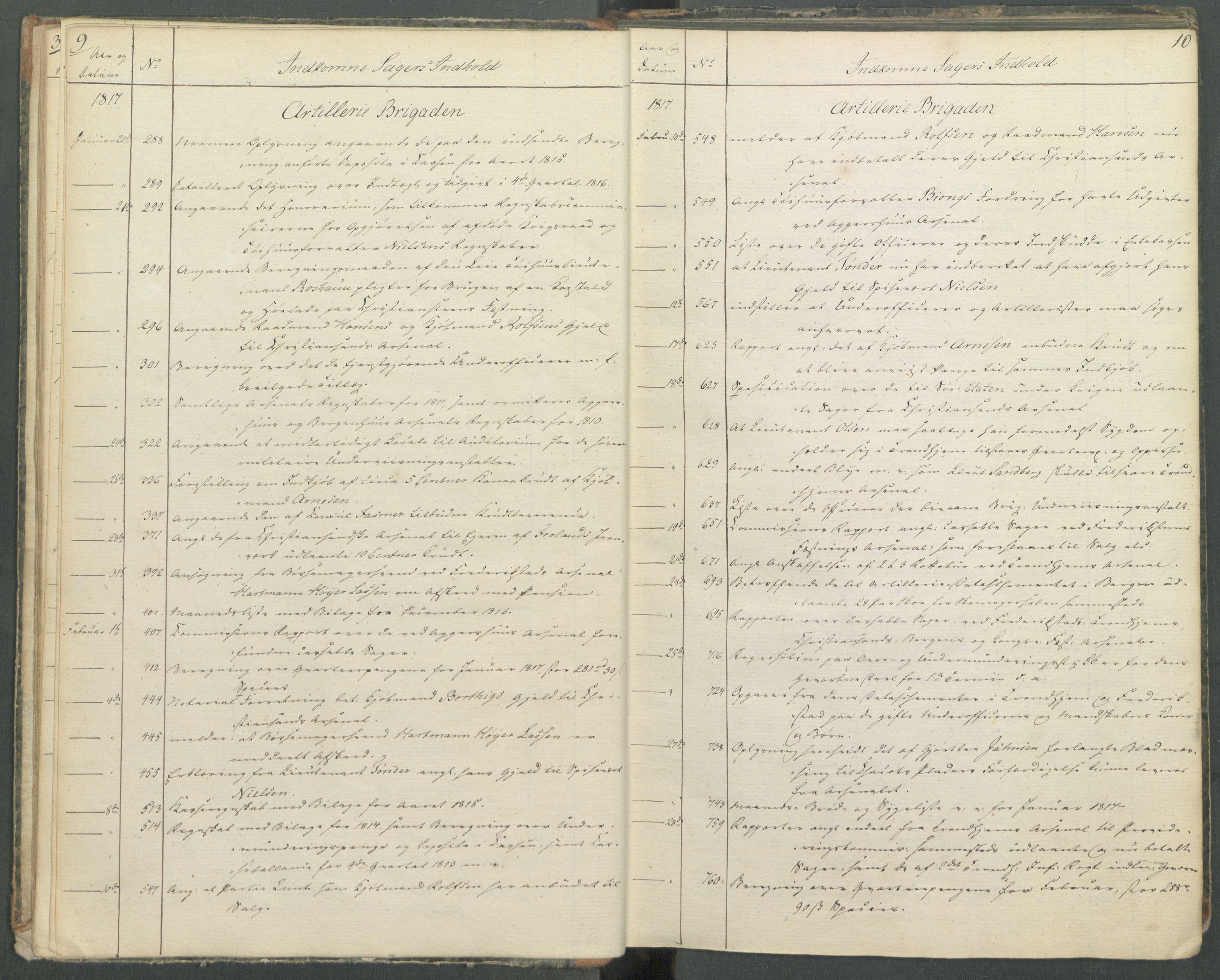Armédepartementet, AV/RA-RAFA-3493/C/Ca/L0013: 6. Departements register over innkomne saker, 1817, p. 9-10