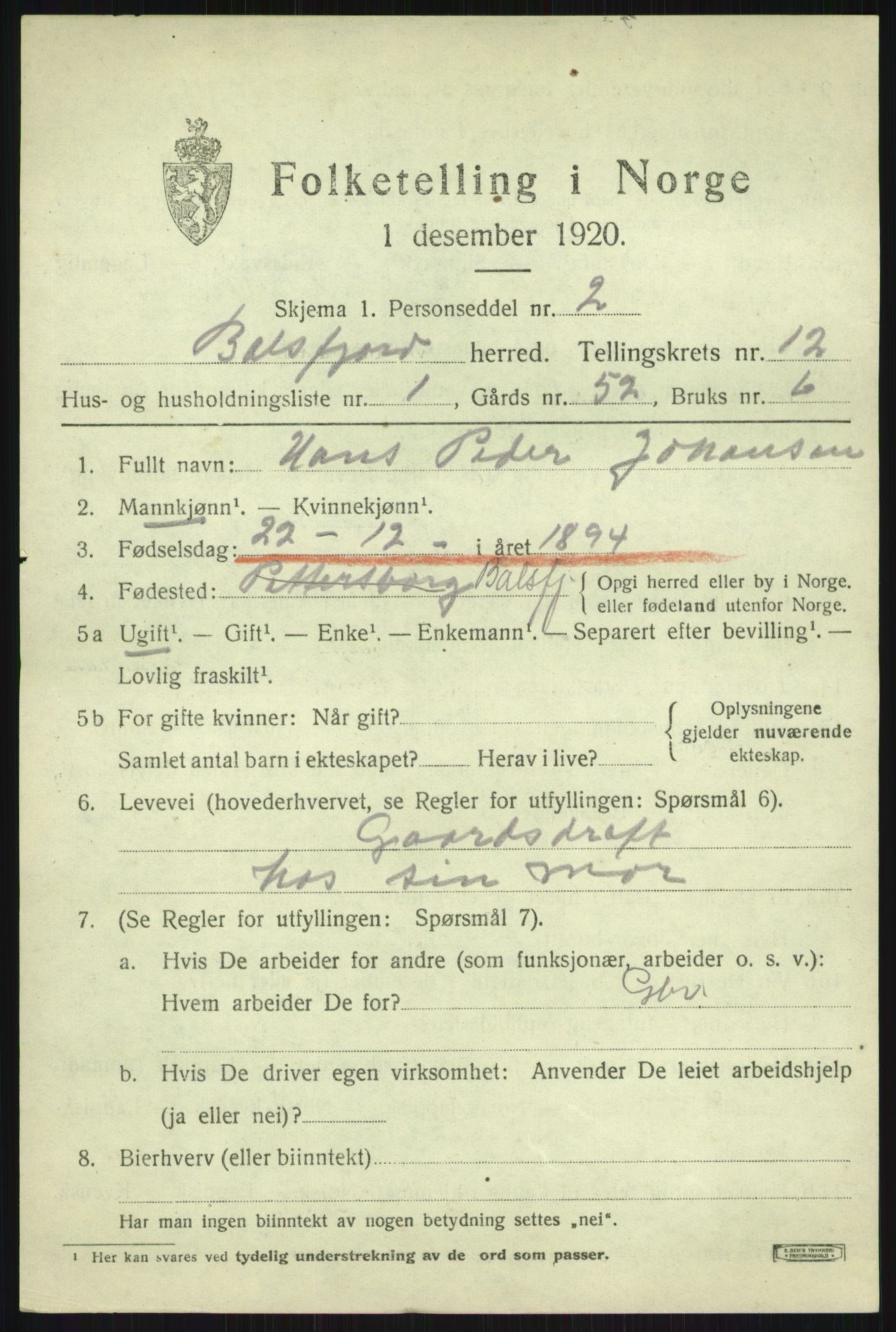 SATØ, 1920 census for Balsfjord, 1920, p. 7211