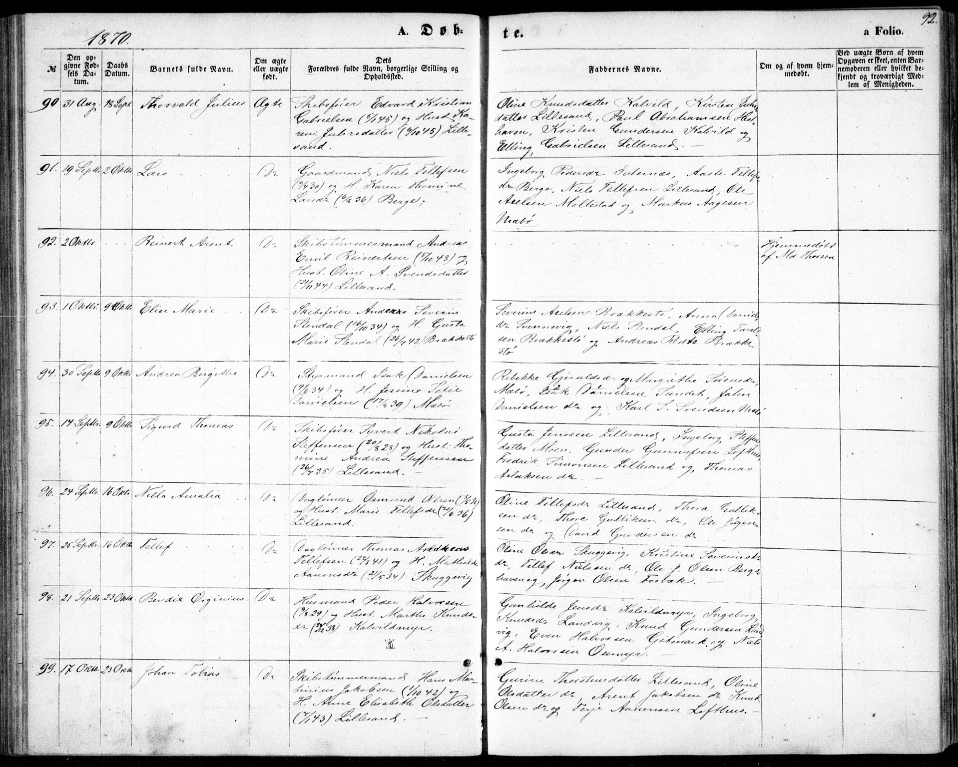 Vestre Moland sokneprestkontor, AV/SAK-1111-0046/F/Fb/Fbb/L0004: Parish register (copy) no. B 4, 1861-1872, p. 92