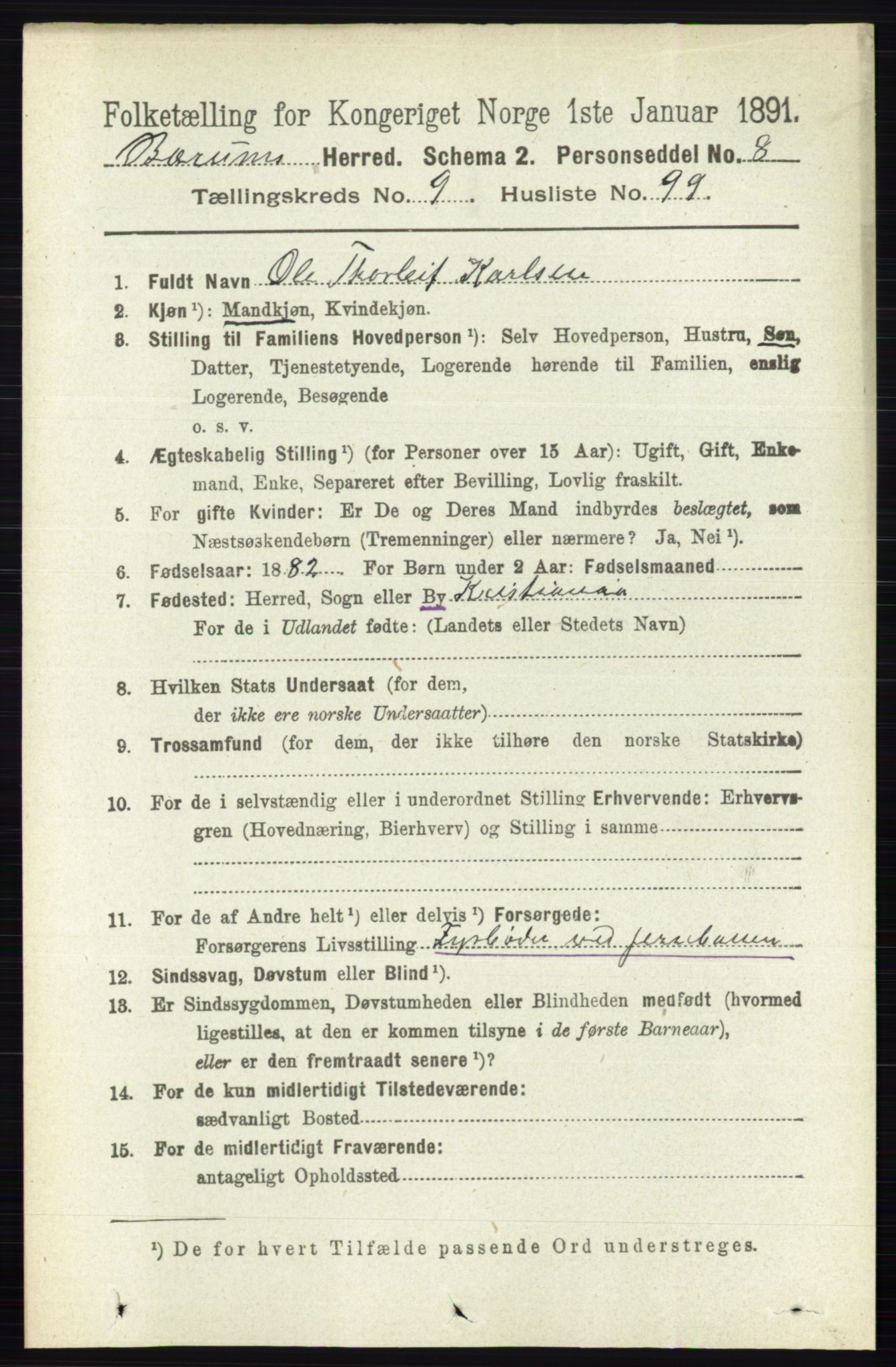 RA, 1891 census for 0219 Bærum, 1891, p. 5999