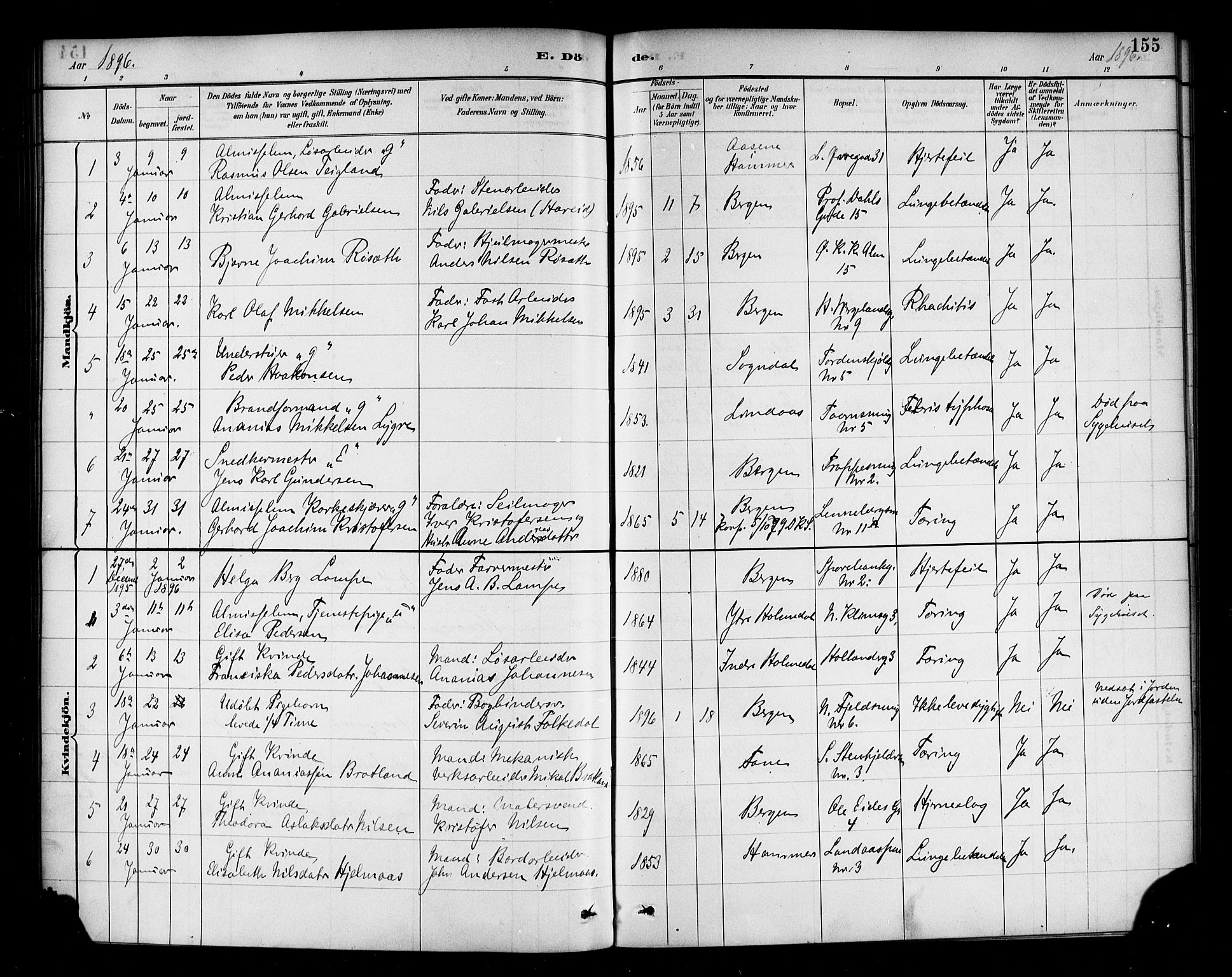 Korskirken sokneprestembete, SAB/A-76101/H/Haa/L0047: Parish register (official) no. E 5, 1884-1910, p. 155