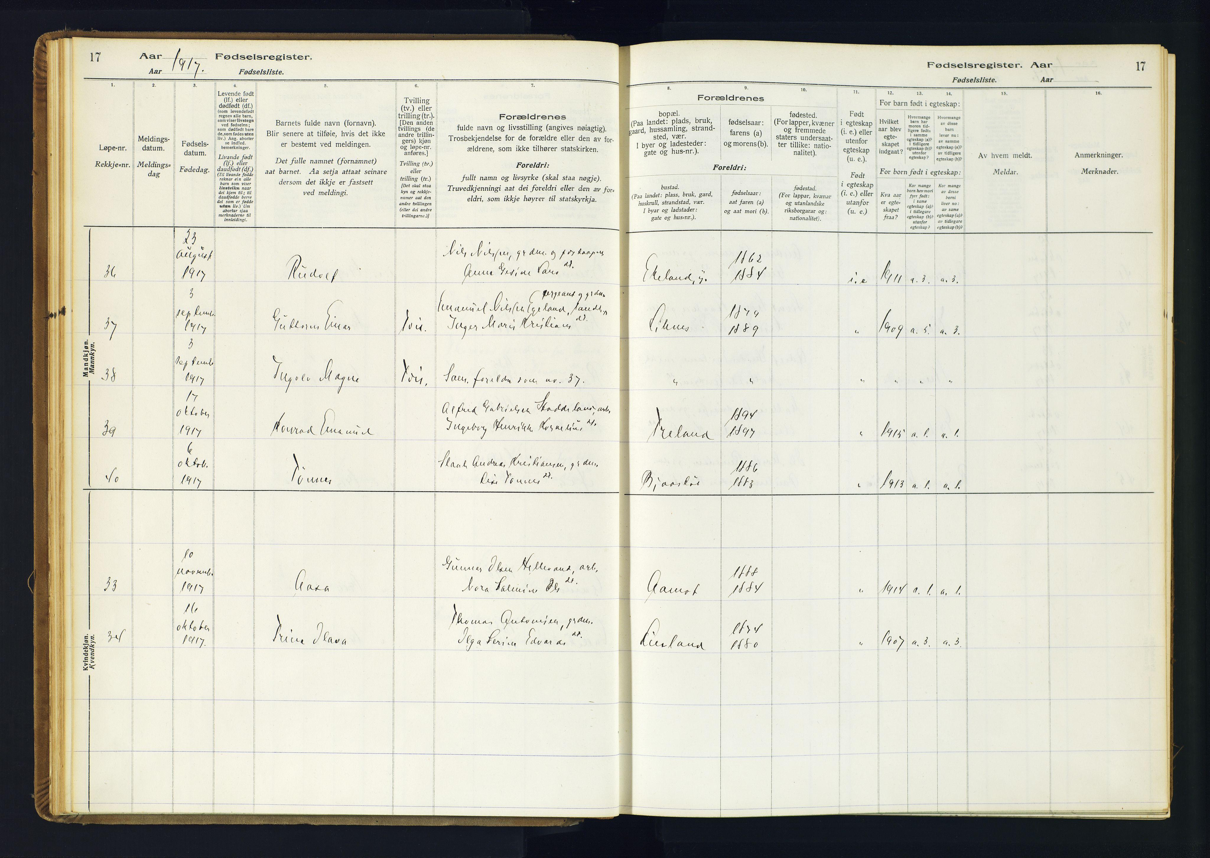 Kvinesdal sokneprestkontor, AV/SAK-1111-0026/J/Ja/L0001: Birth register no. 1, 1916-1941, p. 17