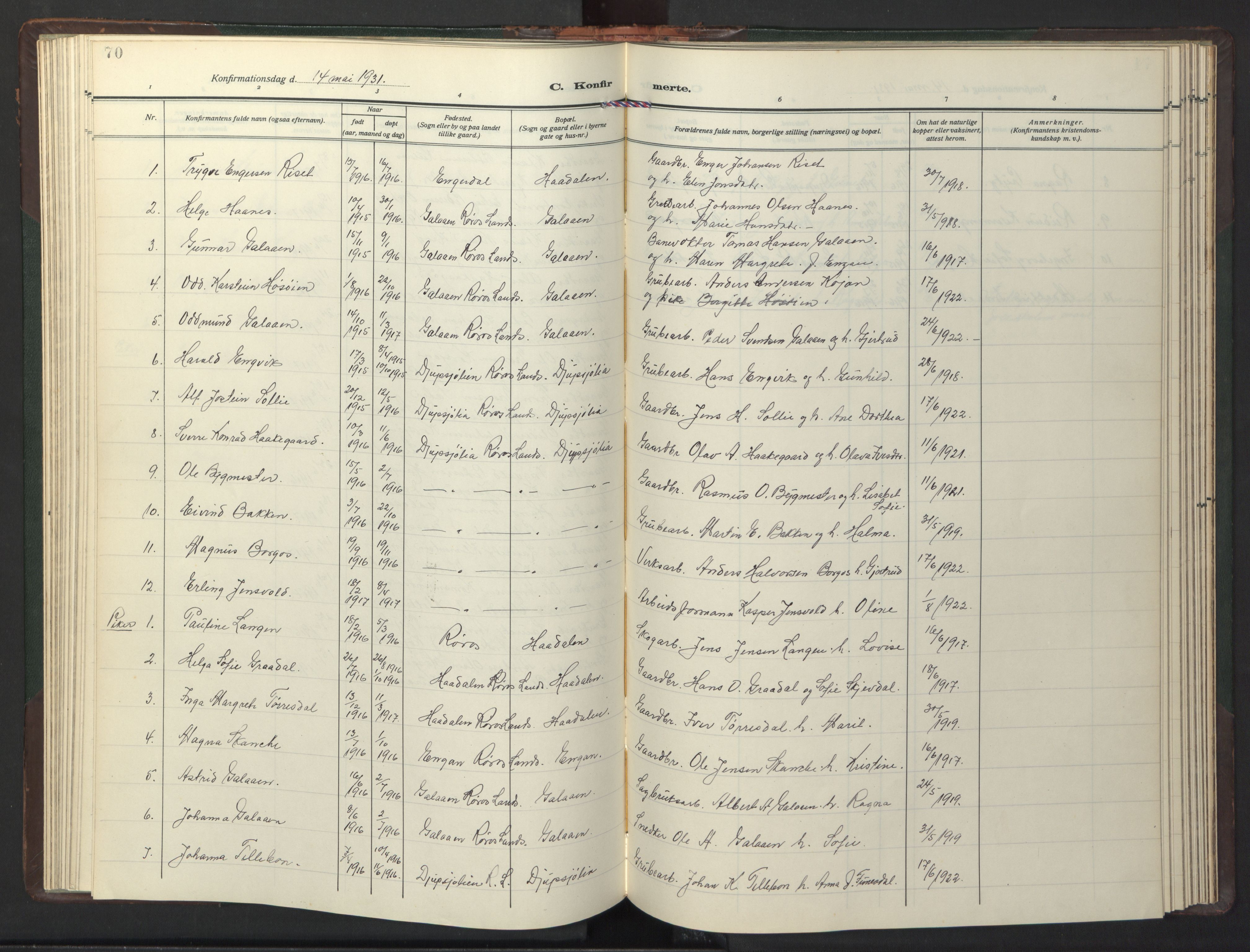 Ministerialprotokoller, klokkerbøker og fødselsregistre - Sør-Trøndelag, AV/SAT-A-1456/681/L0944: Parish register (copy) no. 681C08, 1926-1954, p. 70