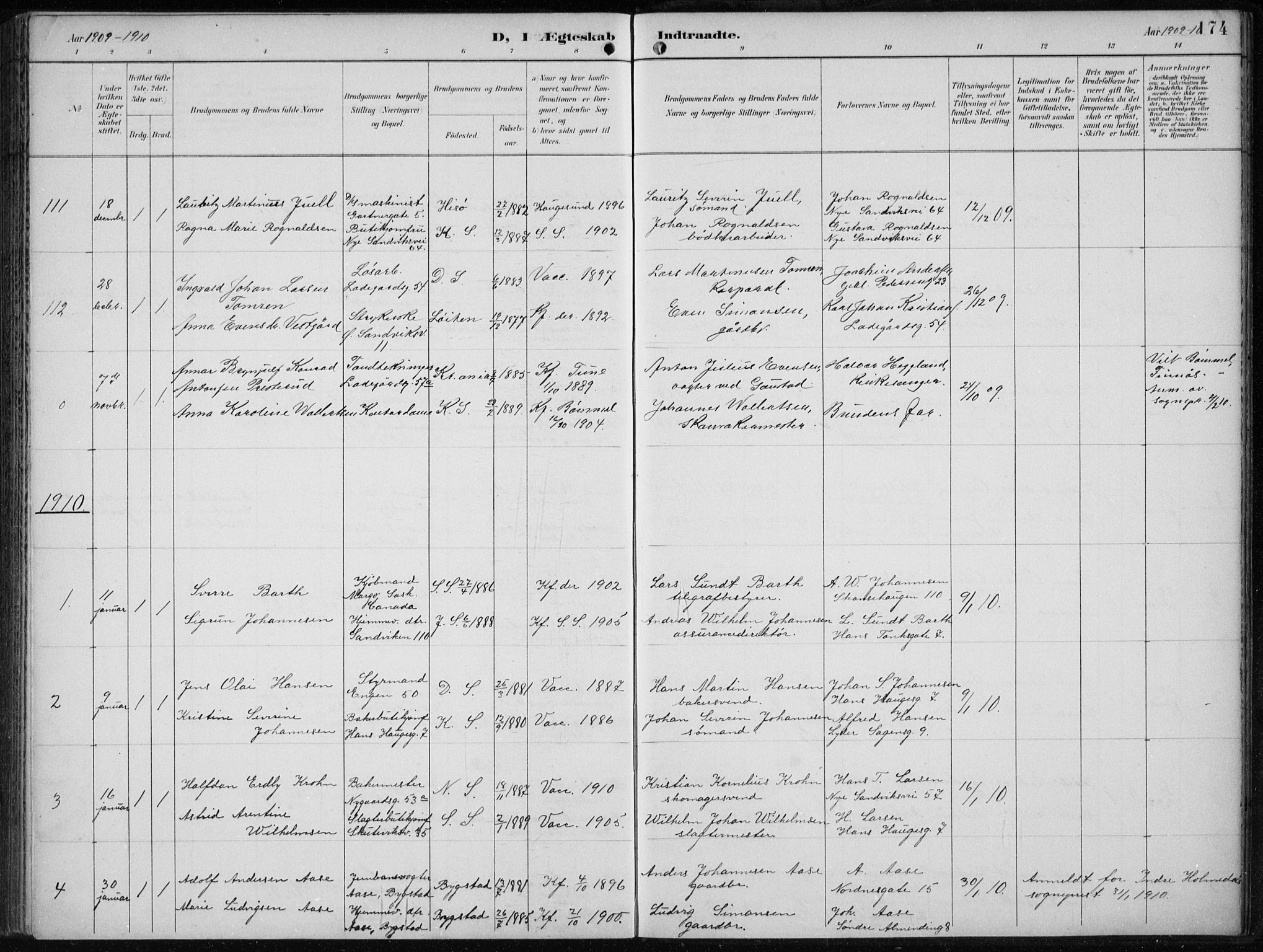 Sandviken Sokneprestembete, SAB/A-77601/H/Ha/L0014: Parish register (official) no. D 1, 1896-1911, p. 174