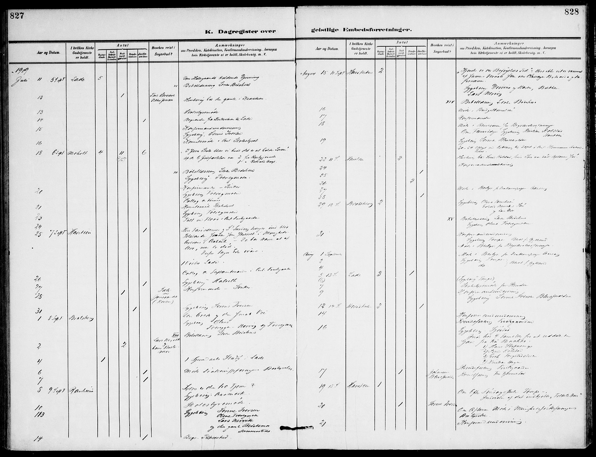 Ministerialprotokoller, klokkerbøker og fødselsregistre - Sør-Trøndelag, SAT/A-1456/607/L0320: Parish register (official) no. 607A04, 1907-1915, p. 827-828