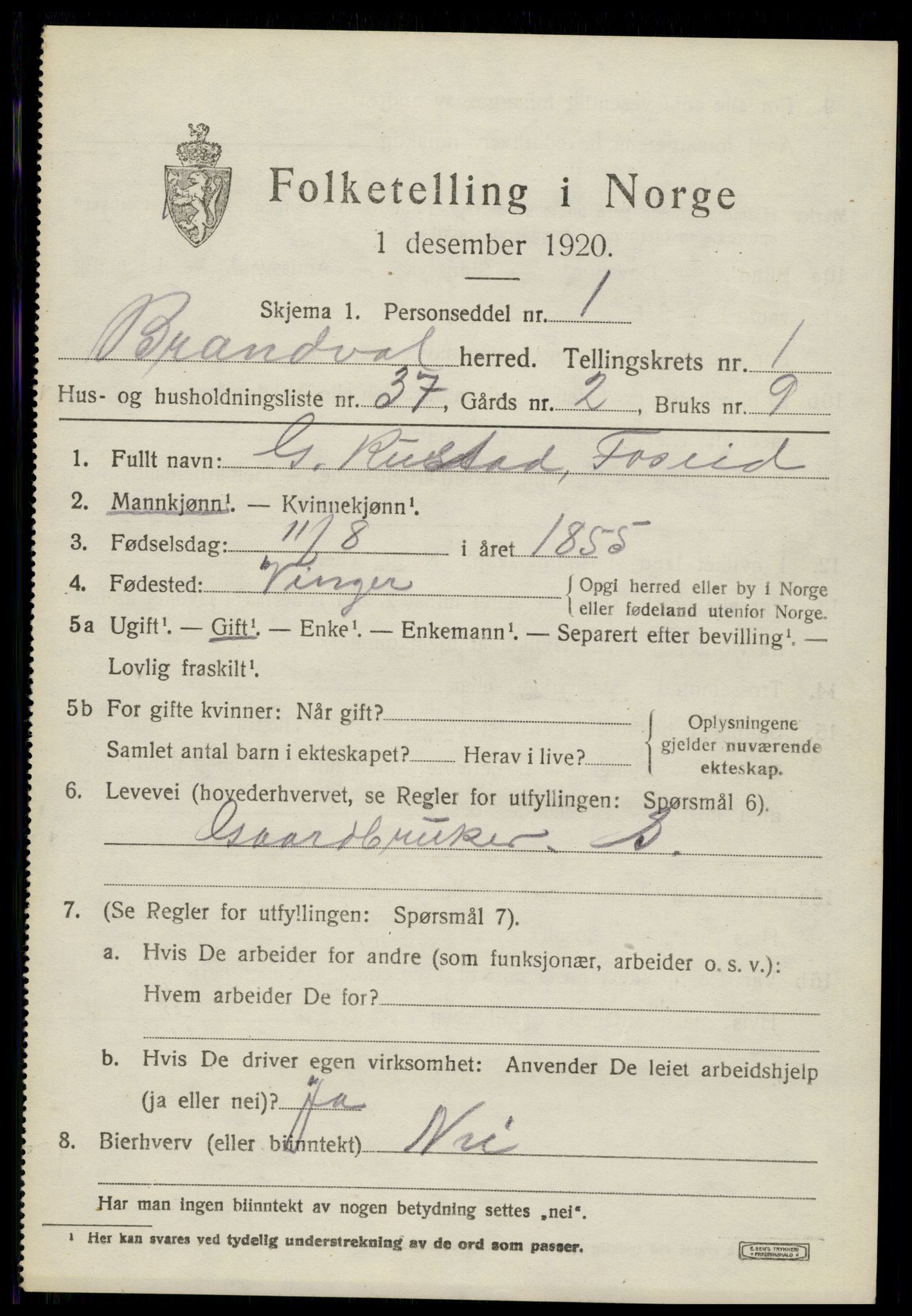 SAH, 1920 census for Brandval, 1920, p. 1994