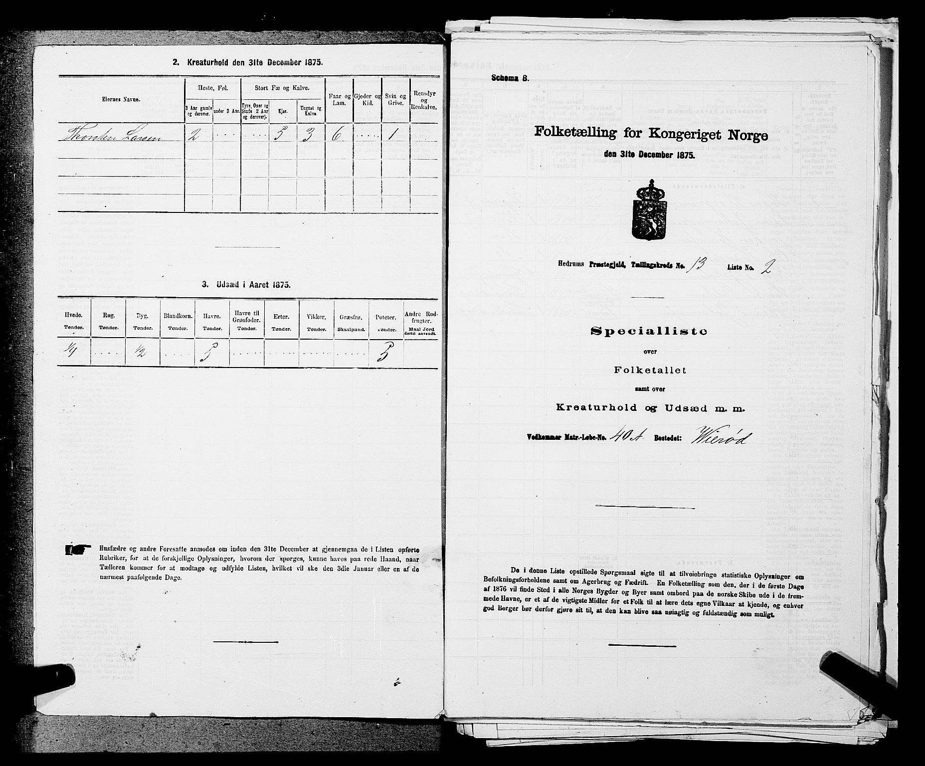 SAKO, 1875 census for 0727P Hedrum, 1875, p. 1257