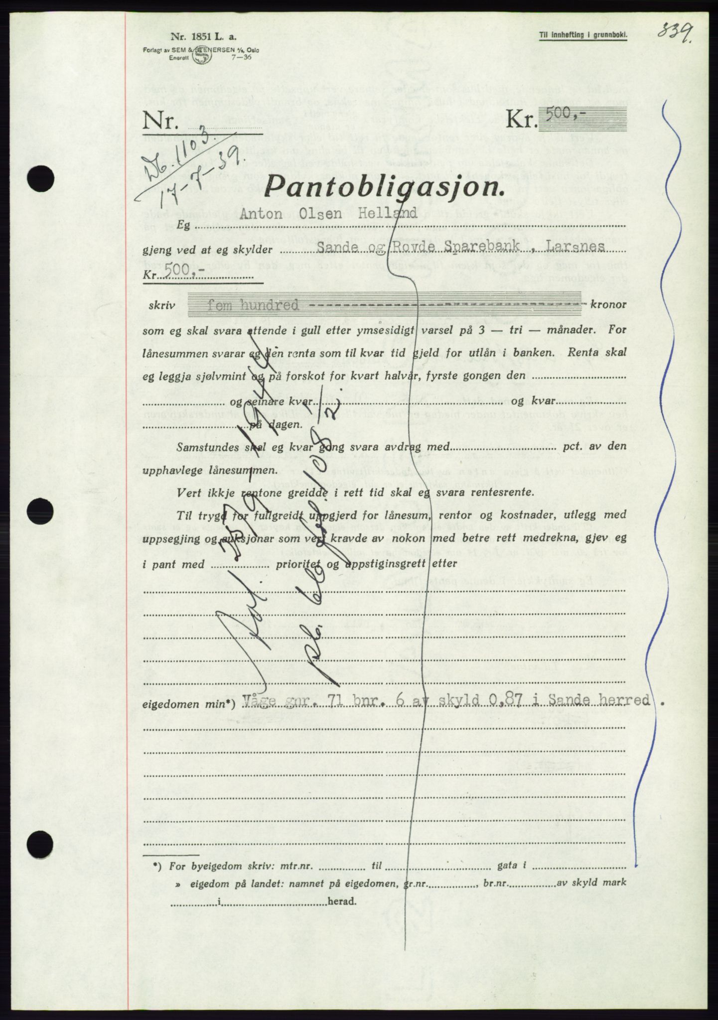 Søre Sunnmøre sorenskriveri, AV/SAT-A-4122/1/2/2C/L0068: Mortgage book no. 62, 1939-1939, Diary no: : 1103/1939