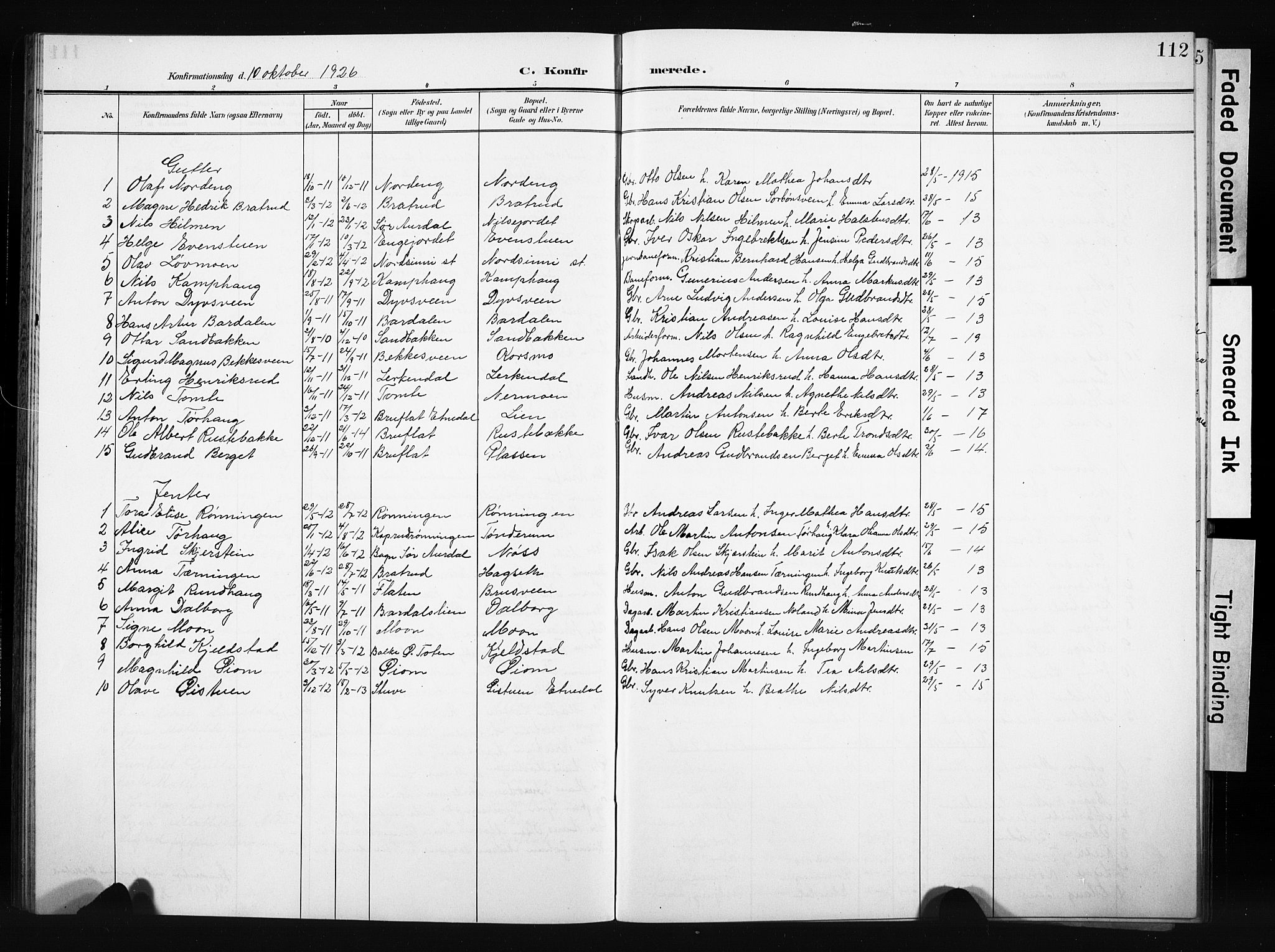 Nordre Land prestekontor, AV/SAH-PREST-124/H/Ha/Hab/L0006: Parish register (copy) no. 6, 1905-1929, p. 112