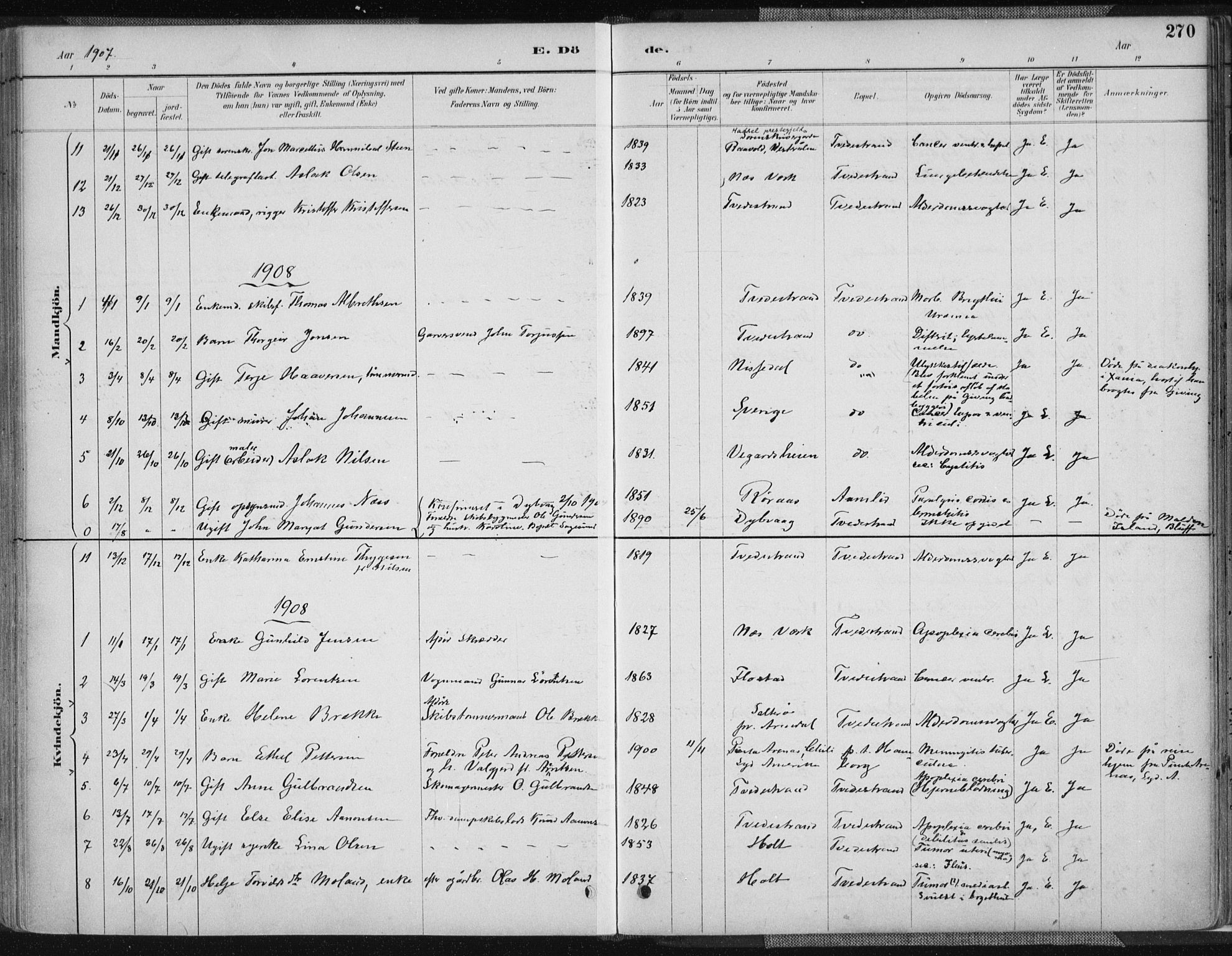 Tvedestrand sokneprestkontor, SAK/1111-0042/F/Fa/L0001: Parish register (official) no. A 1, 1885-1916, p. 270