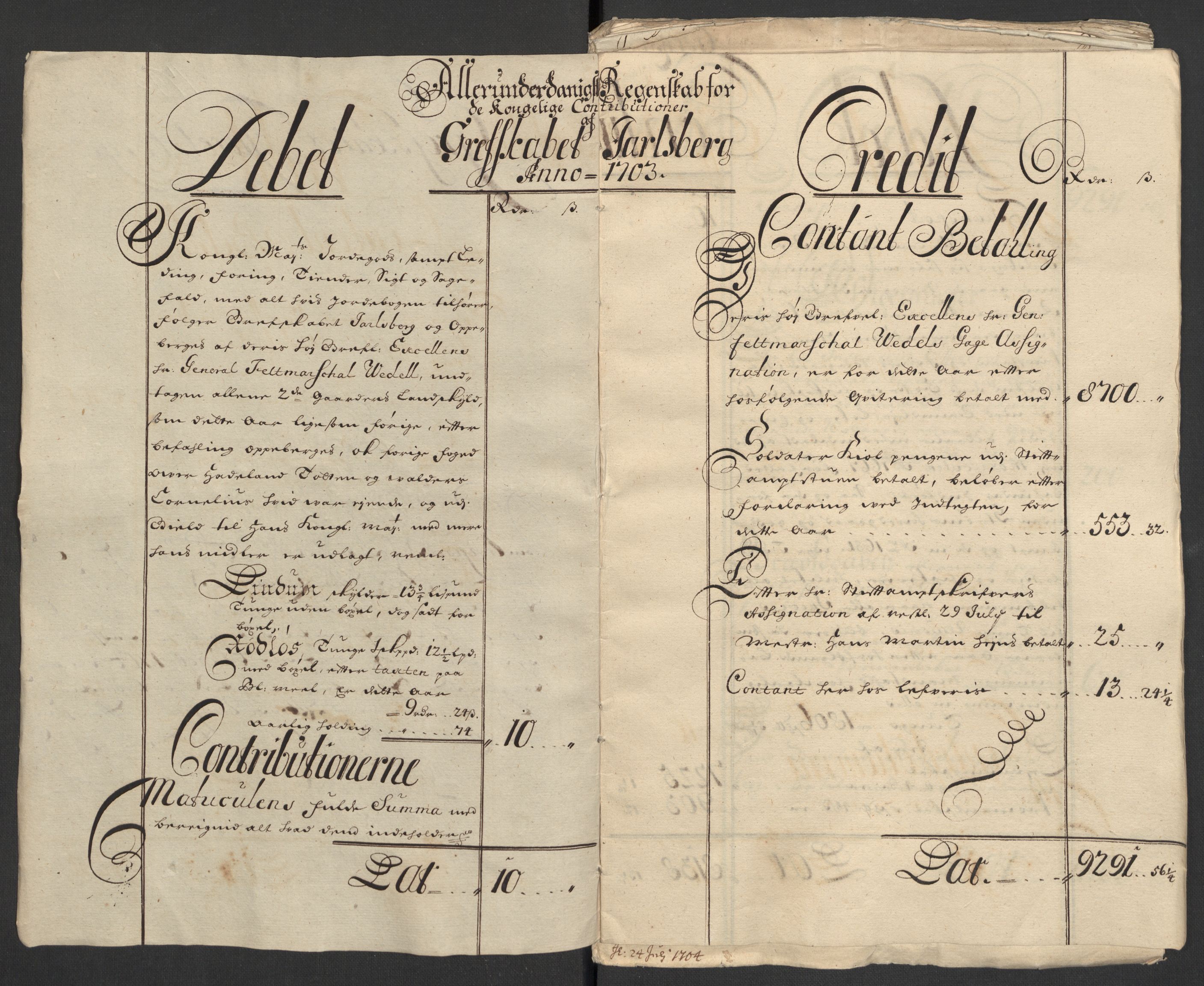Rentekammeret inntil 1814, Reviderte regnskaper, Fogderegnskap, RA/EA-4092/R32/L1871: Fogderegnskap Jarlsberg grevskap, 1703-1705, p. 4
