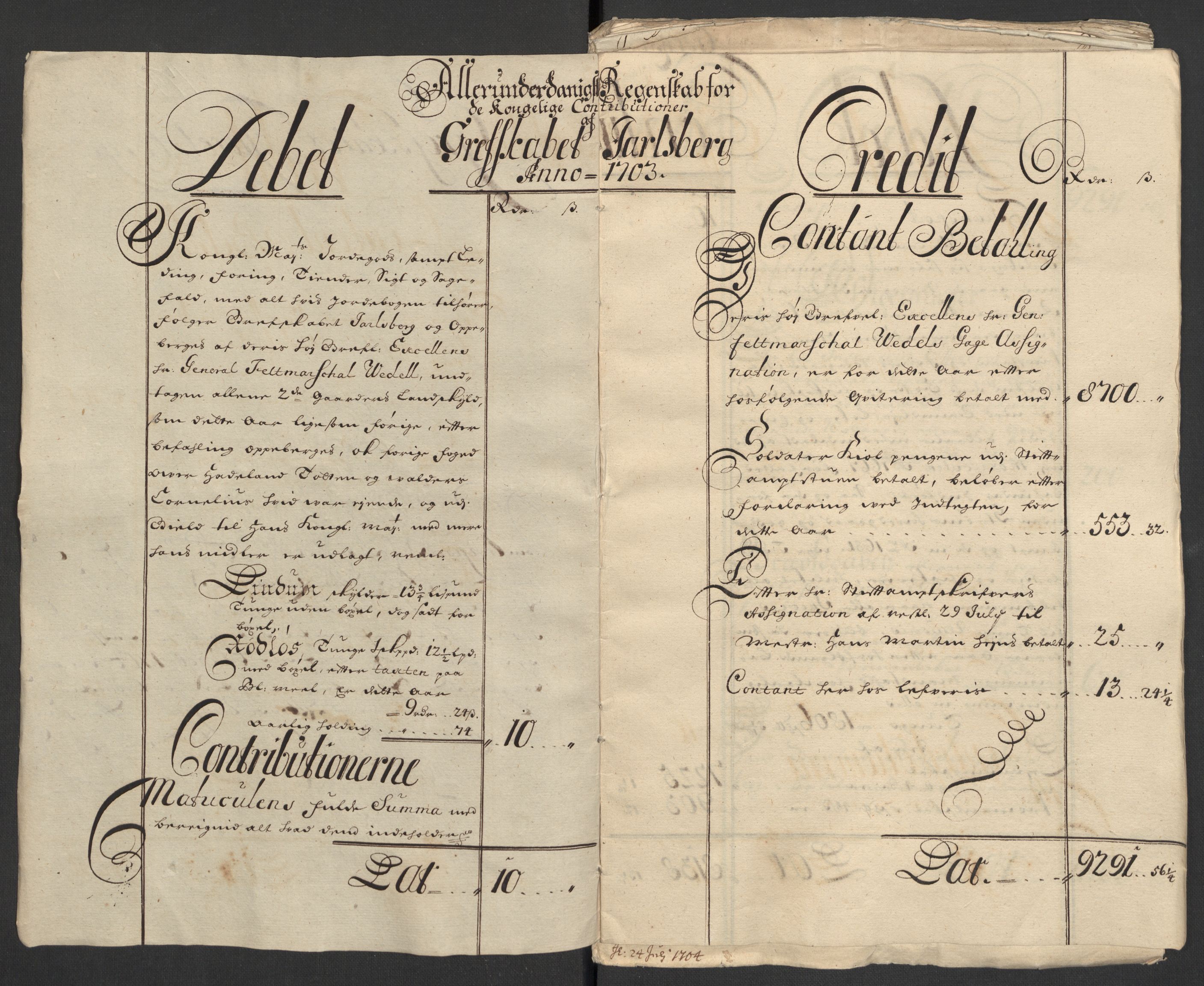 Rentekammeret inntil 1814, Reviderte regnskaper, Fogderegnskap, AV/RA-EA-4092/R32/L1871: Fogderegnskap Jarlsberg grevskap, 1703-1705, p. 4