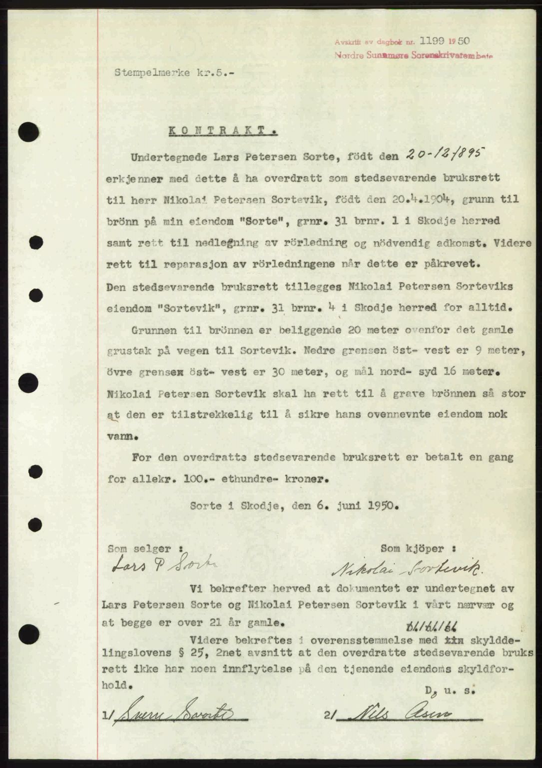 Nordre Sunnmøre sorenskriveri, AV/SAT-A-0006/1/2/2C/2Ca: Mortgage book no. A34, 1950-1950, Diary no: : 1199/1950