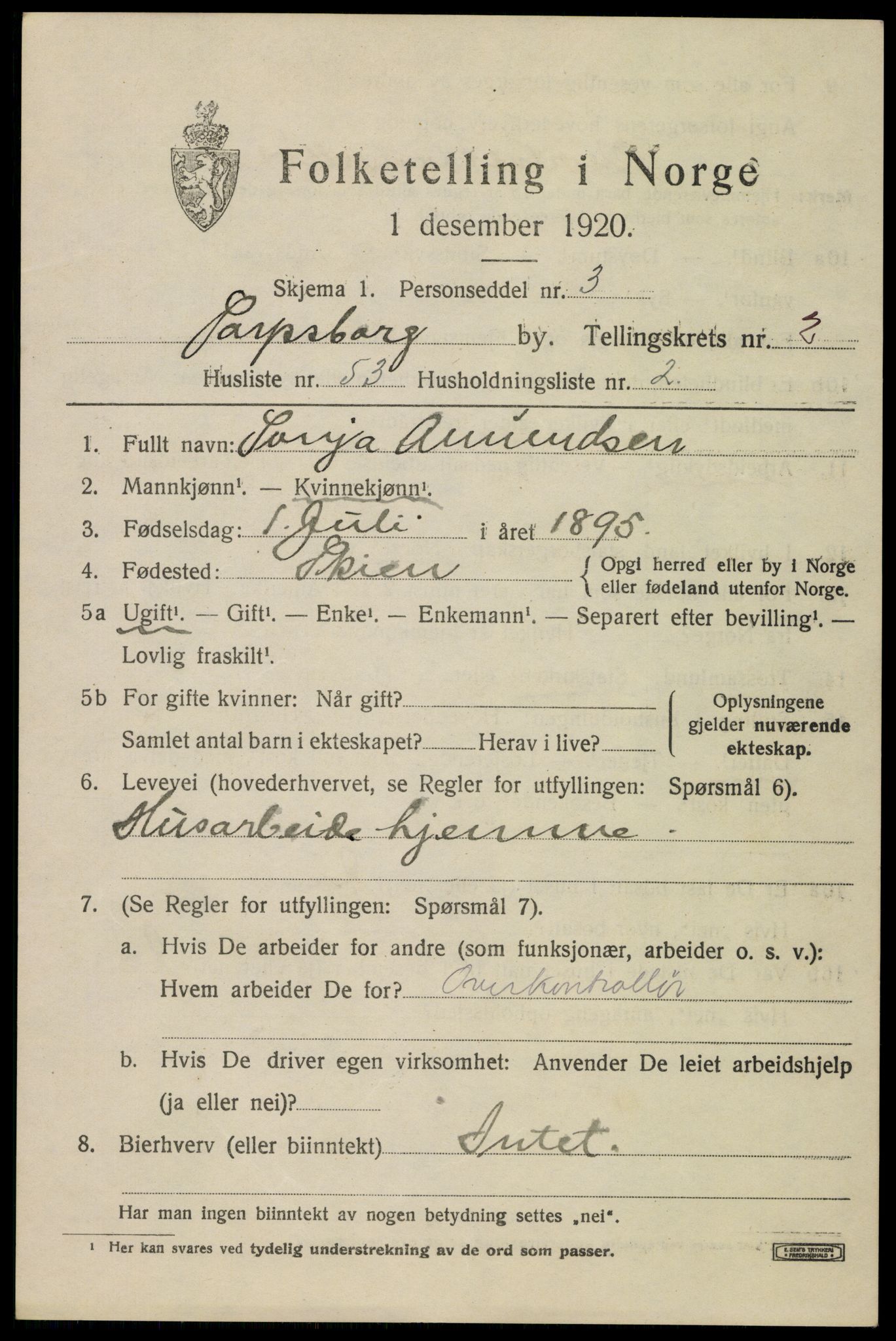 SAO, 1920 census for Sarpsborg, 1920, p. 10274