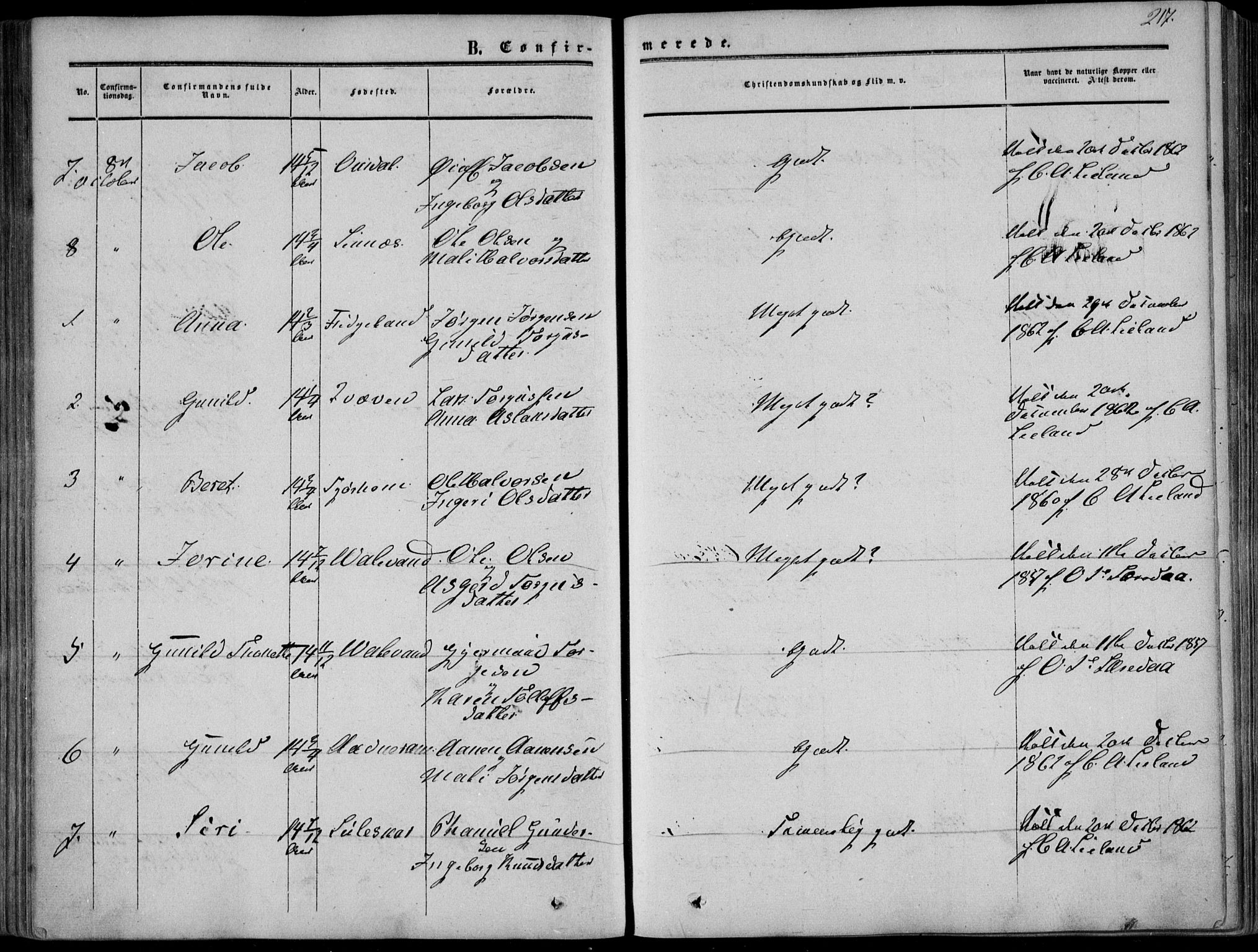 Sirdal sokneprestkontor, SAK/1111-0036/F/Fa/Fab/L0002: Parish register (official) no. A 2, 1855-1874, p. 217