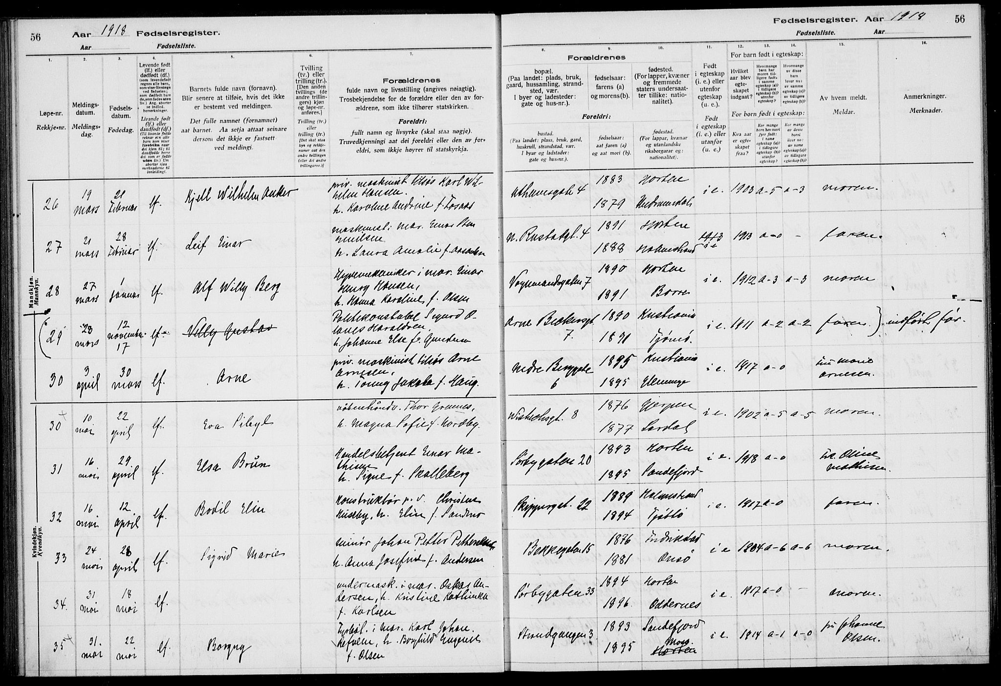 Horten kirkebøker, AV/SAKO-A-348/J/Ja/L0001: Birth register no. 1, 1916-1923, p. 56