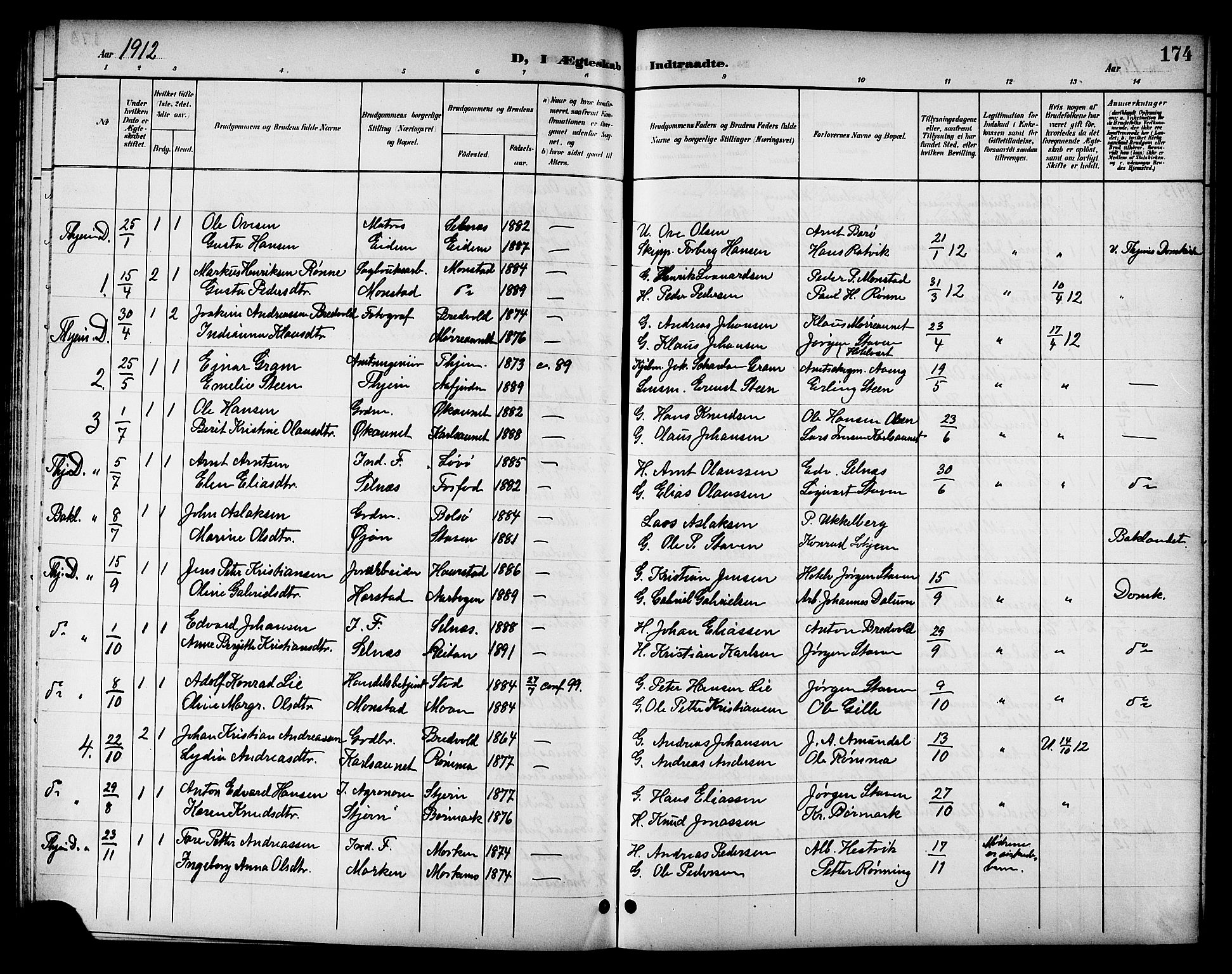 Ministerialprotokoller, klokkerbøker og fødselsregistre - Sør-Trøndelag, SAT/A-1456/655/L0688: Parish register (copy) no. 655C04, 1899-1922, p. 174