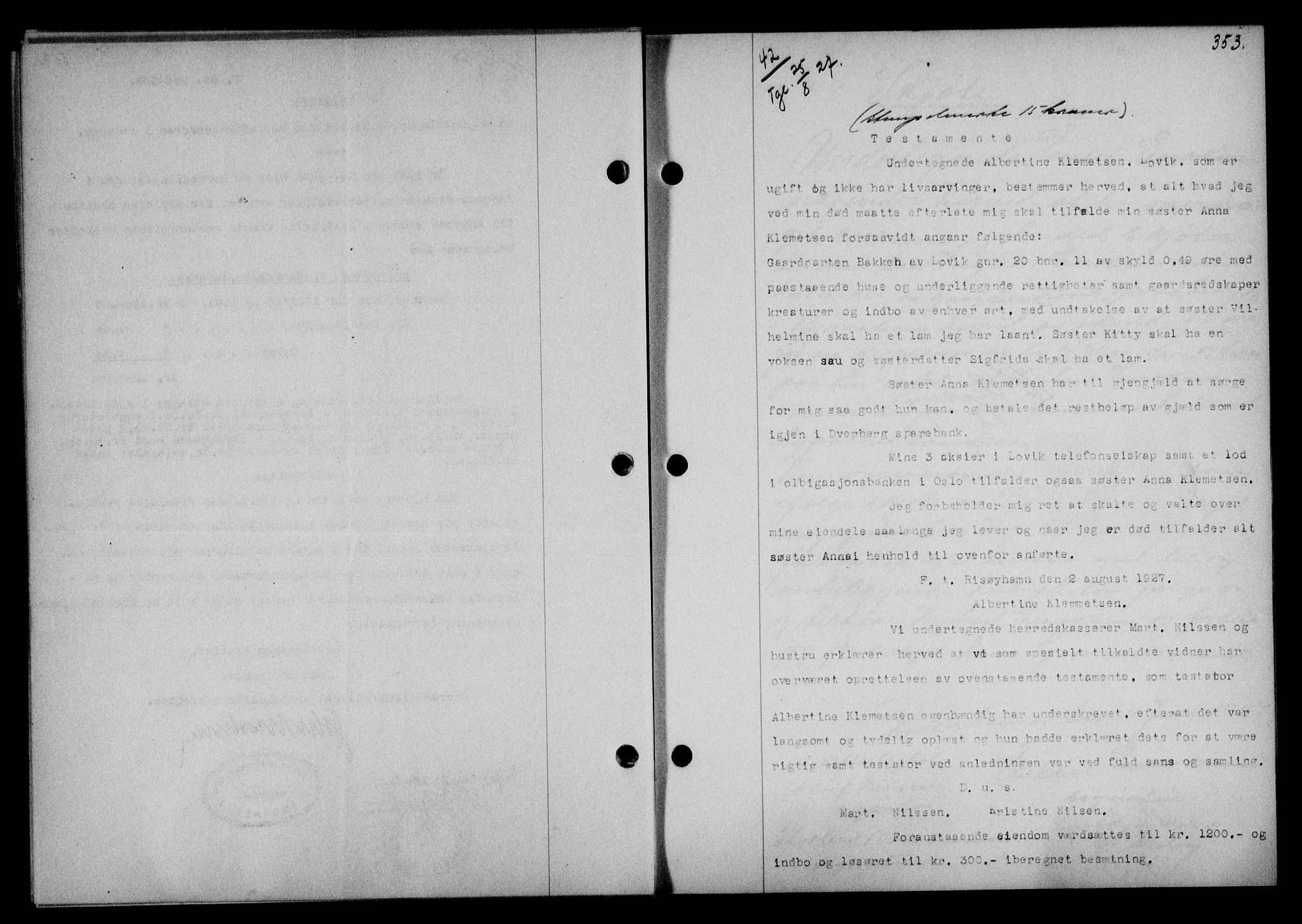 Vesterålen sorenskriveri, SAT/A-4180/1/2/2Ca/L0044: Mortgage book no. 37, 1927-1927, Deed date: 25.08.1927