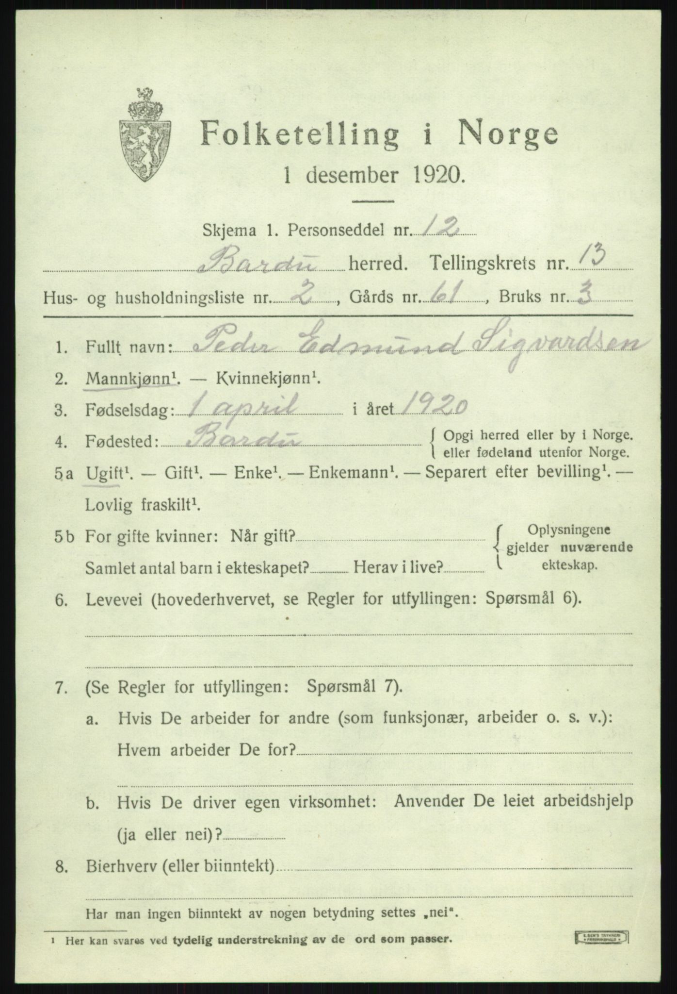 SATØ, 1920 census for Bardu, 1920, p. 4133