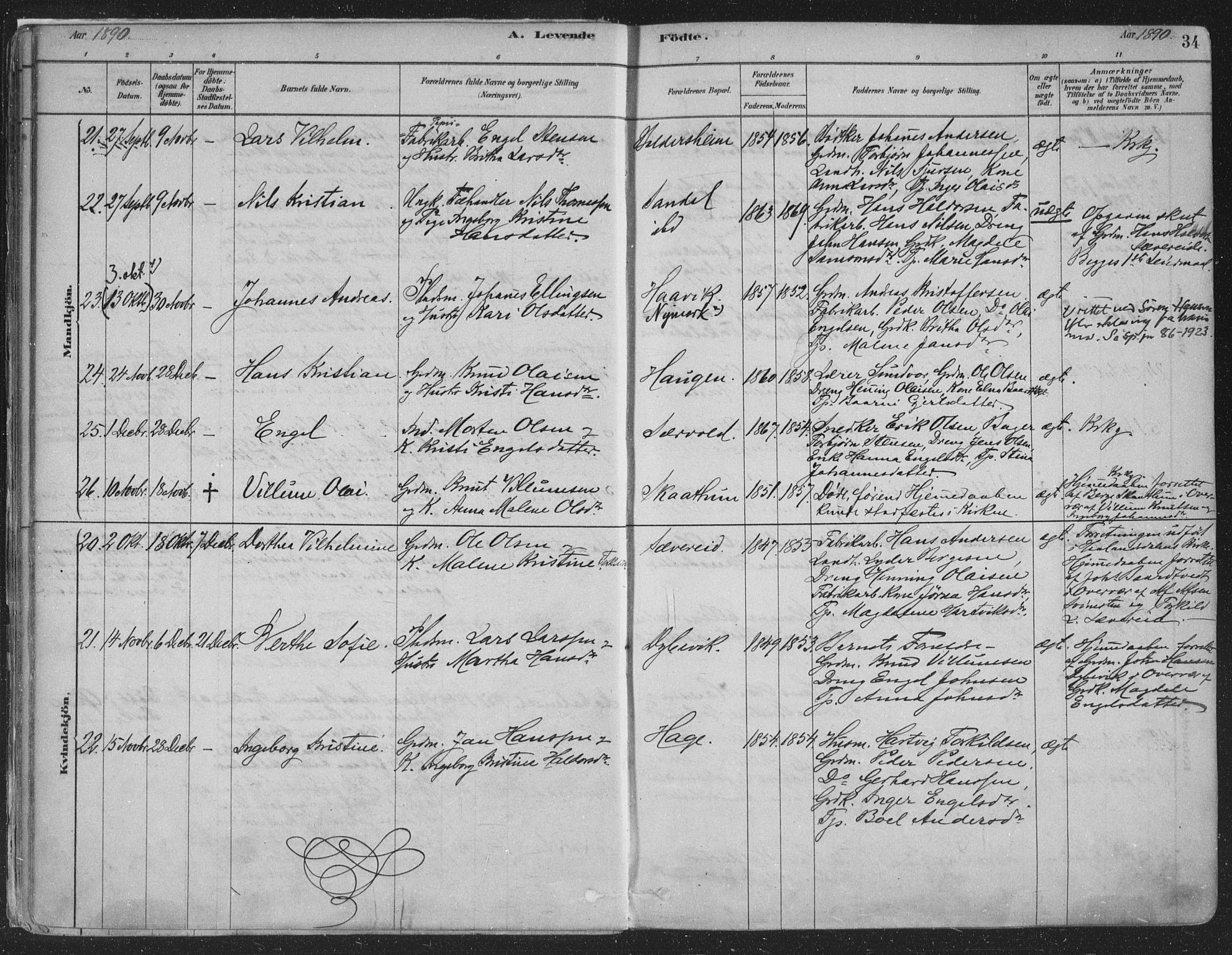 Fusa sokneprestembete, SAB/A-75401/H/Haa: Parish register (official) no. D 1, 1880-1938, p. 34