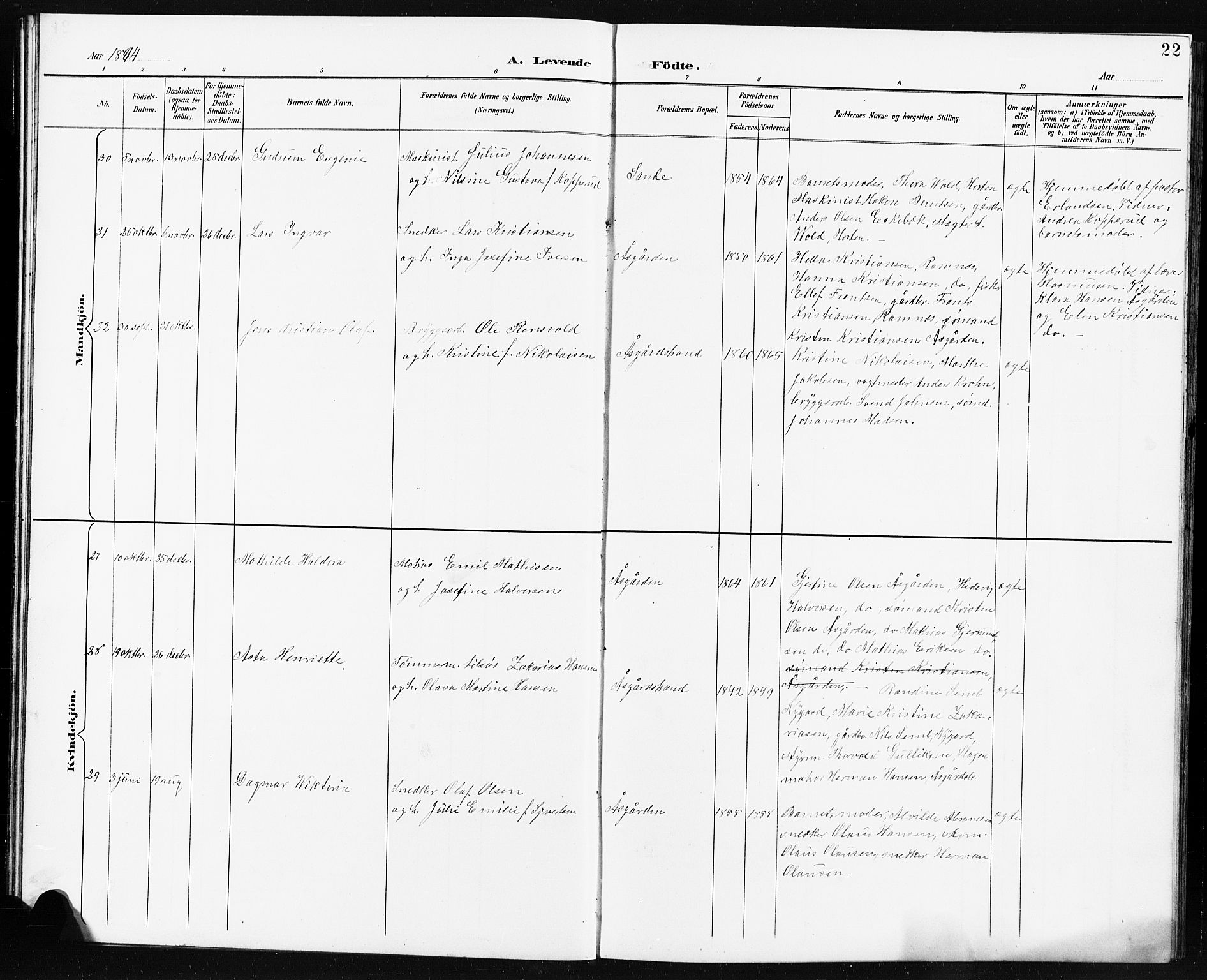 Borre kirkebøker, AV/SAKO-A-338/G/Ga/L0004: Parish register (copy) no. I 4, 1892-1913, p. 22