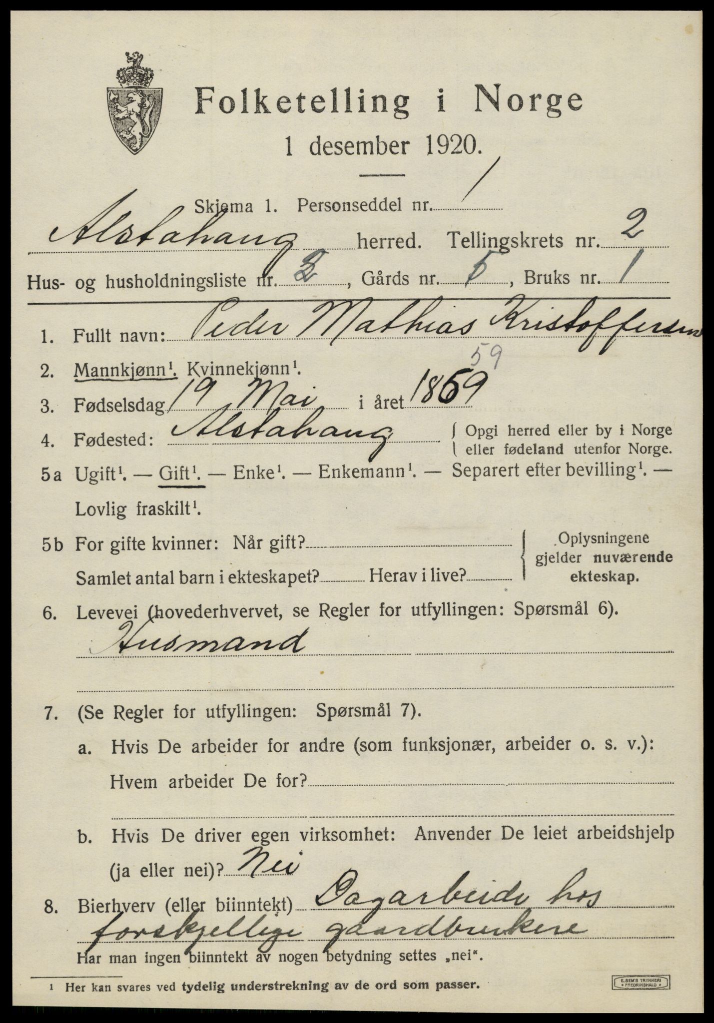 SAT, 1920 census for Alstahaug, 1920, p. 843