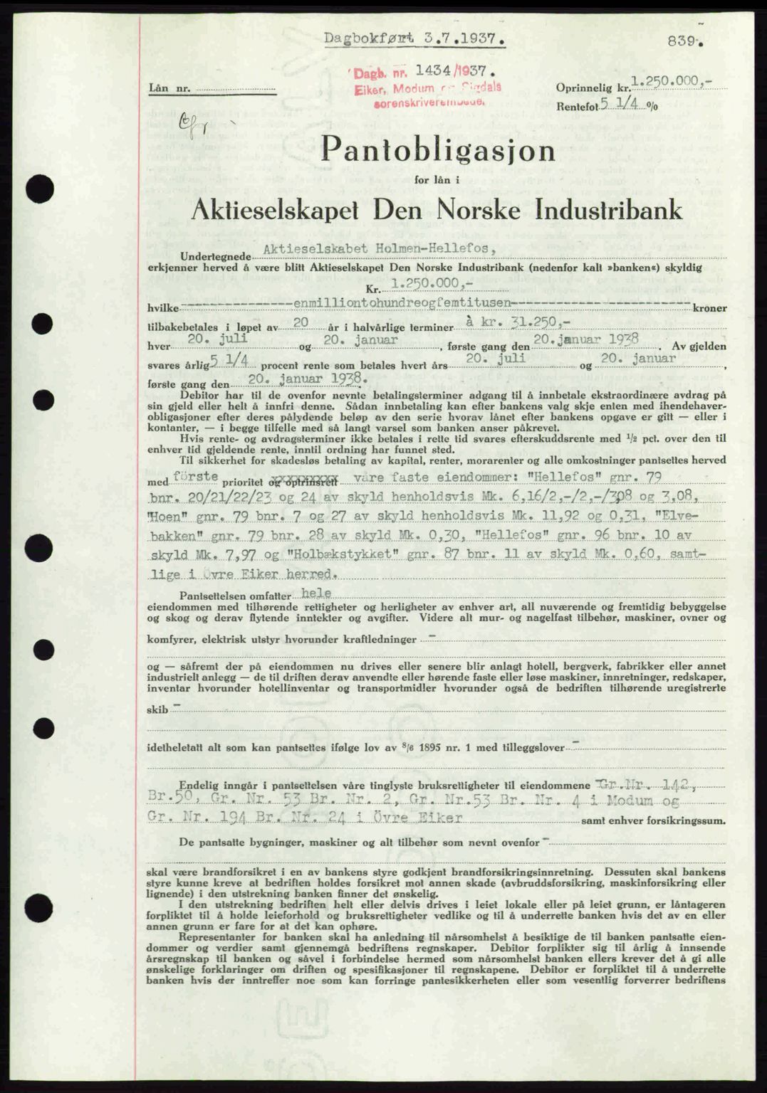 Eiker, Modum og Sigdal sorenskriveri, SAKO/A-123/G/Ga/Gab/L0035: Mortgage book no. A5, 1937-1937, Diary no: : 1434/1937