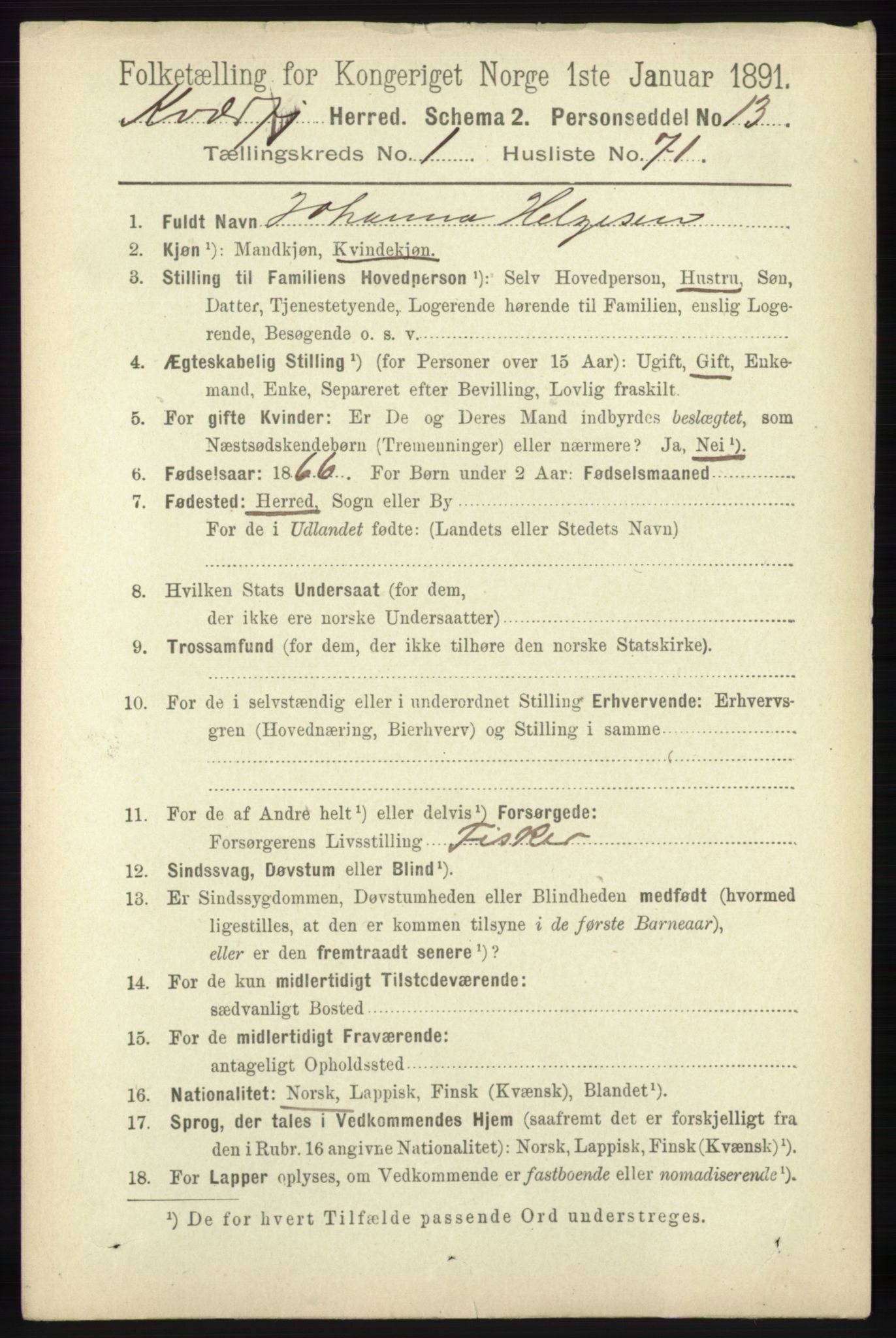 RA, 1891 census for 1911 Kvæfjord, 1891, p. 609