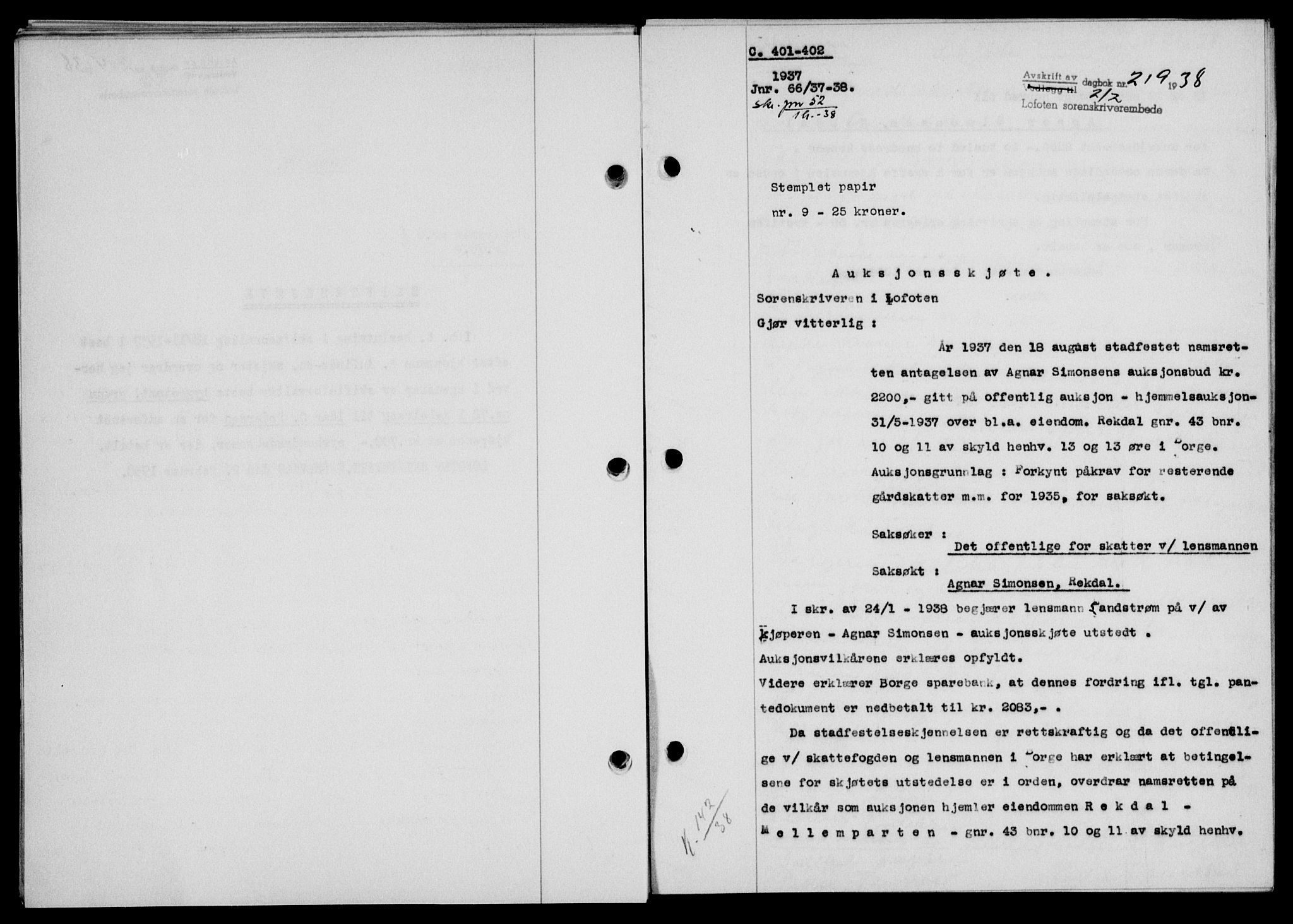 Lofoten sorenskriveri, SAT/A-0017/1/2/2C/L0003a: Mortgage book no. 3a, 1937-1938, Diary no: : 219/1938