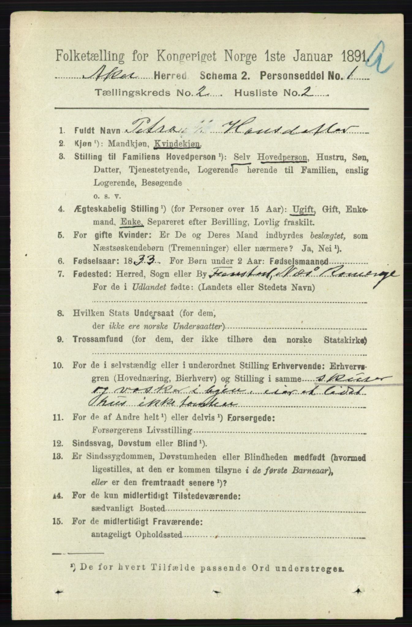 RA, 1891 census for 0218 Aker, 1891, p. 1366