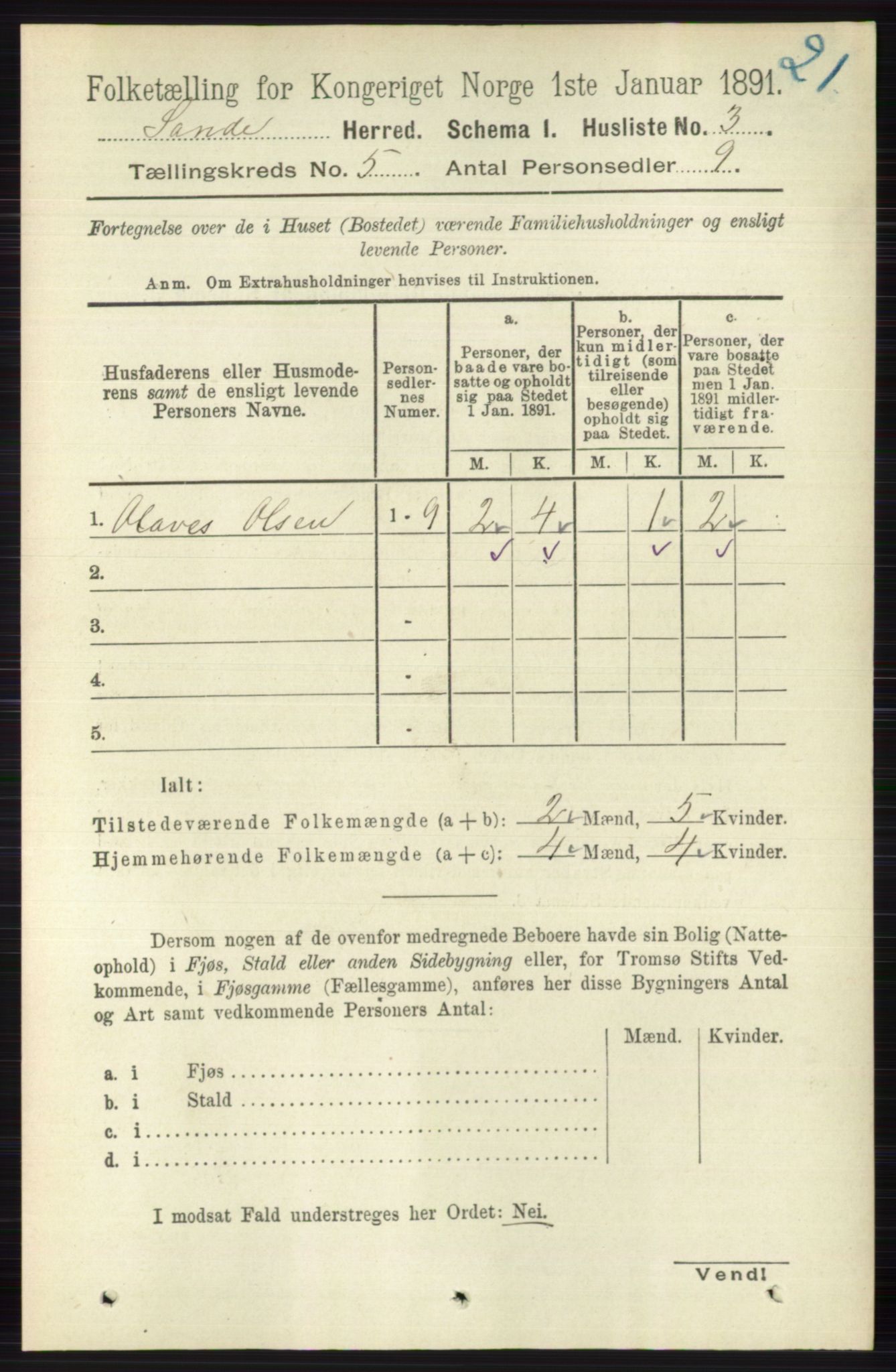 RA, 1891 census for 0713 Sande, 1891, p. 2061