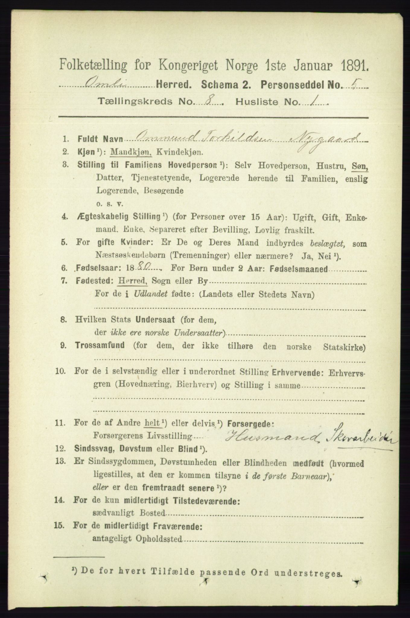 RA, 1891 census for 0929 Åmli, 1891, p. 1112