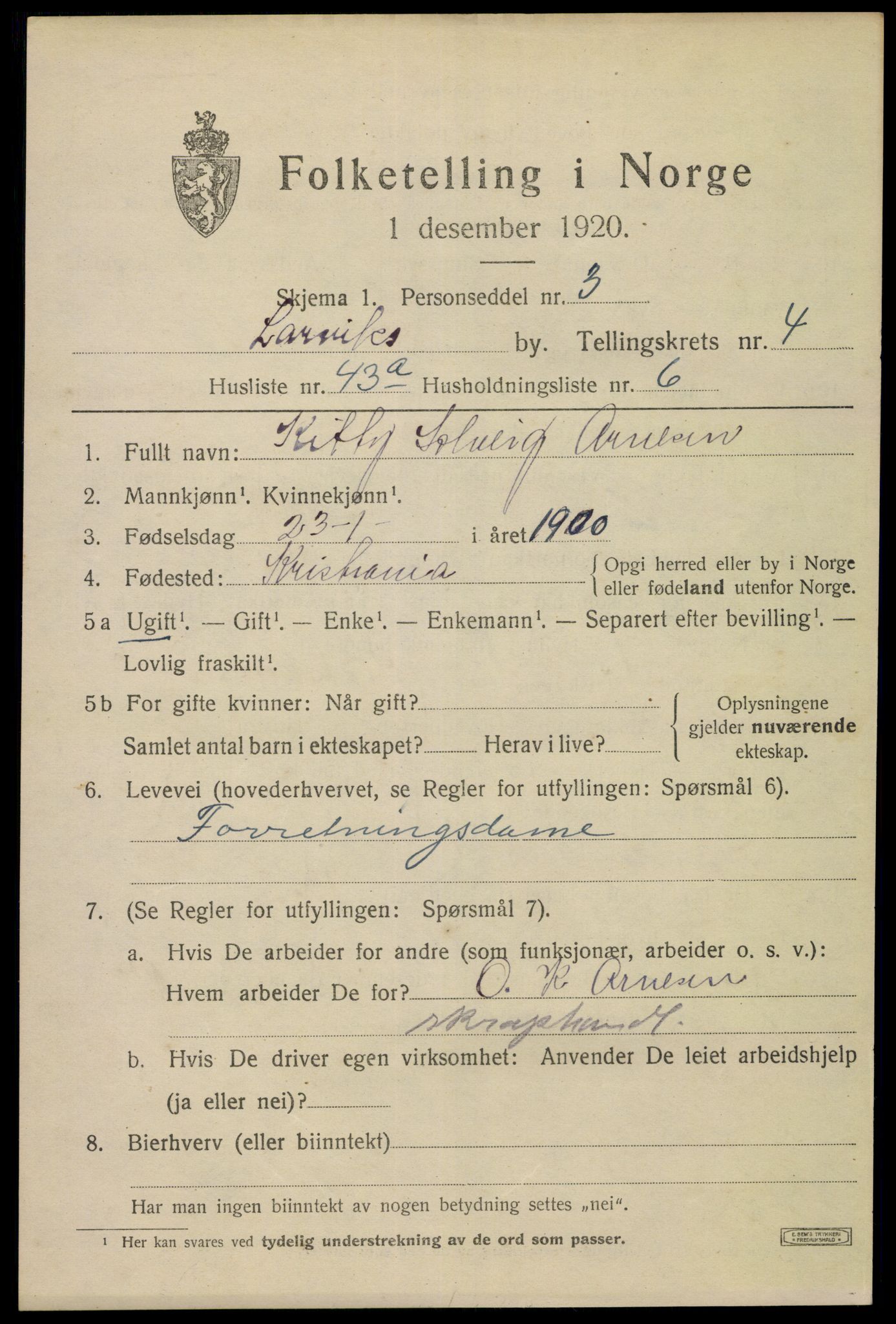 SAKO, 1920 census for Larvik, 1920, p. 14198