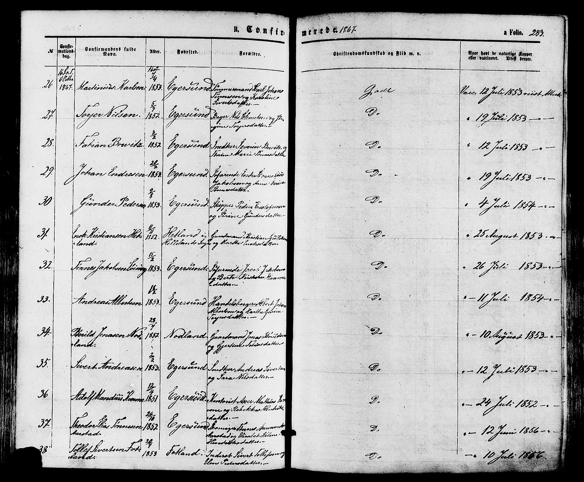 Eigersund sokneprestkontor, AV/SAST-A-101807/S08/L0014: Parish register (official) no. A 13, 1866-1878, p. 283